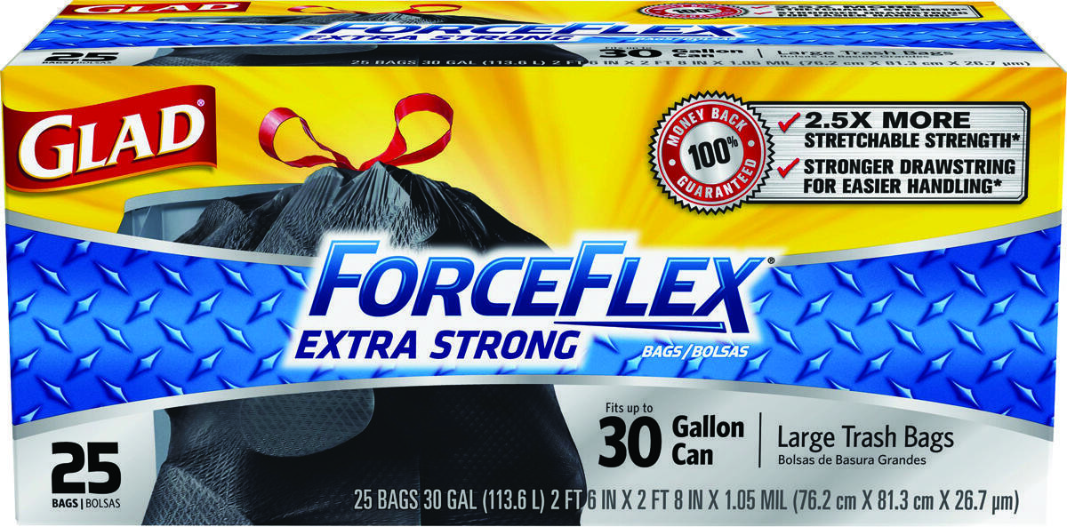 GLAD 70359 Trash Bags ForceFlex Plus 30 gal Drawstring 25 pk 0.9 mil Black