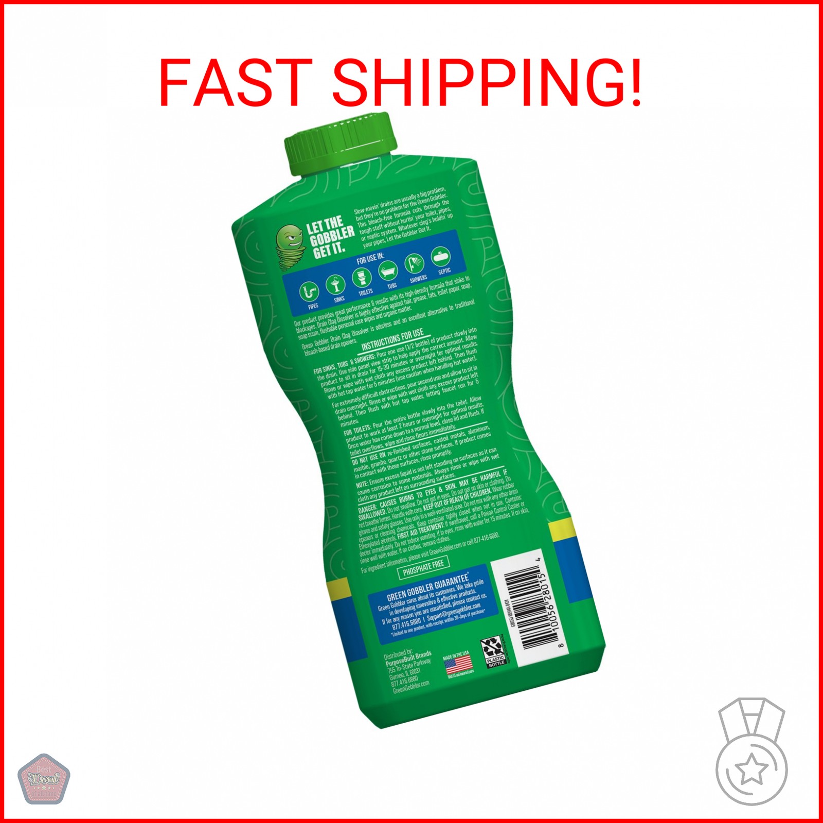 Green Gobbler Drain Clog Dissolver, Drain Opener-Cleaner ,Toilet Clog Remover, 3