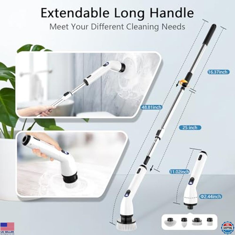 Cordless Electric Spin Scrubber, IPX7 Waterproof, Adjustable Handle, LCD Display