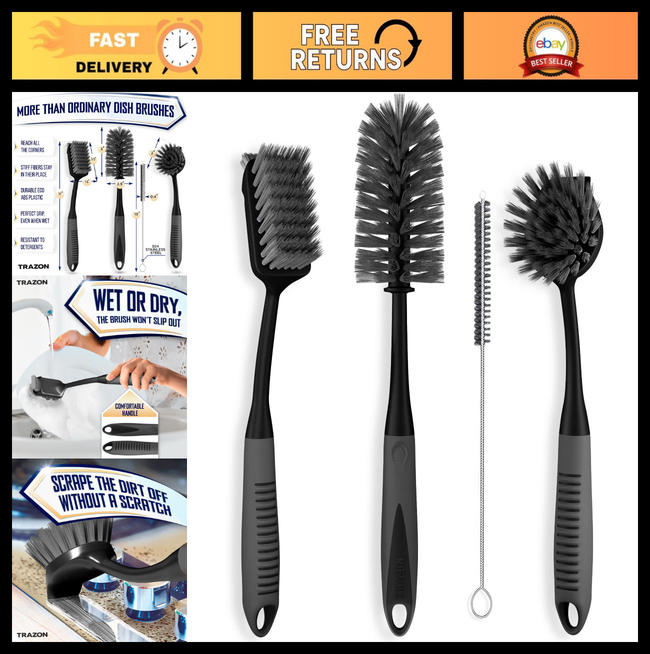 4-Piece Dish Brush Set – Non-Slip Long Handle Kitchen Scrubbers for Dishes, Pots