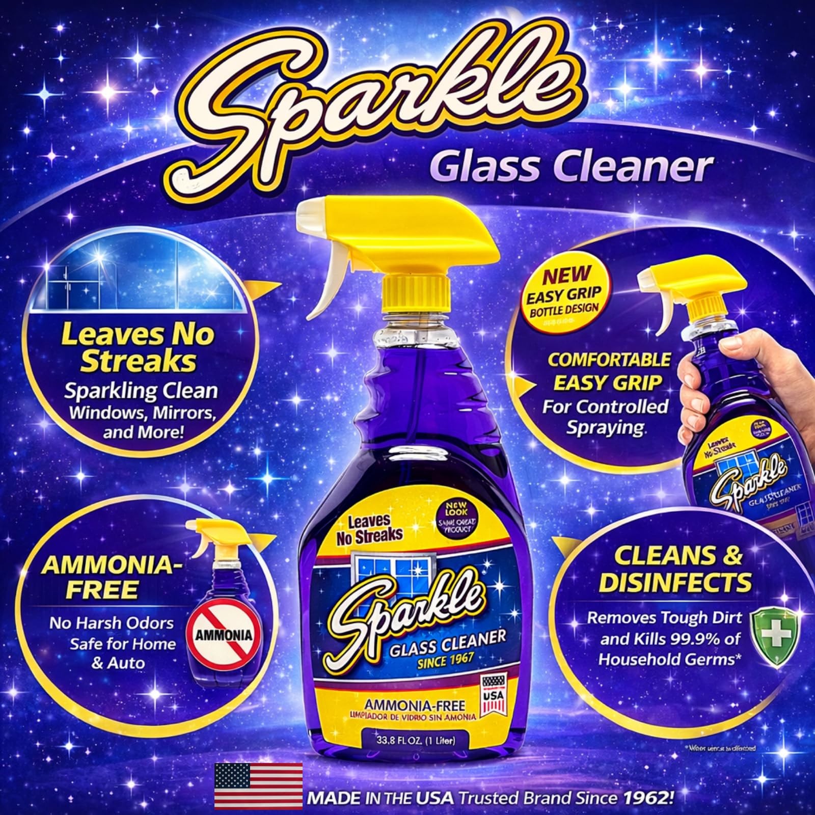 Glass Cleaner, Ammonia-Streak-Formula, 33.8 fl oz Spray Bottle, Safe for Wind…