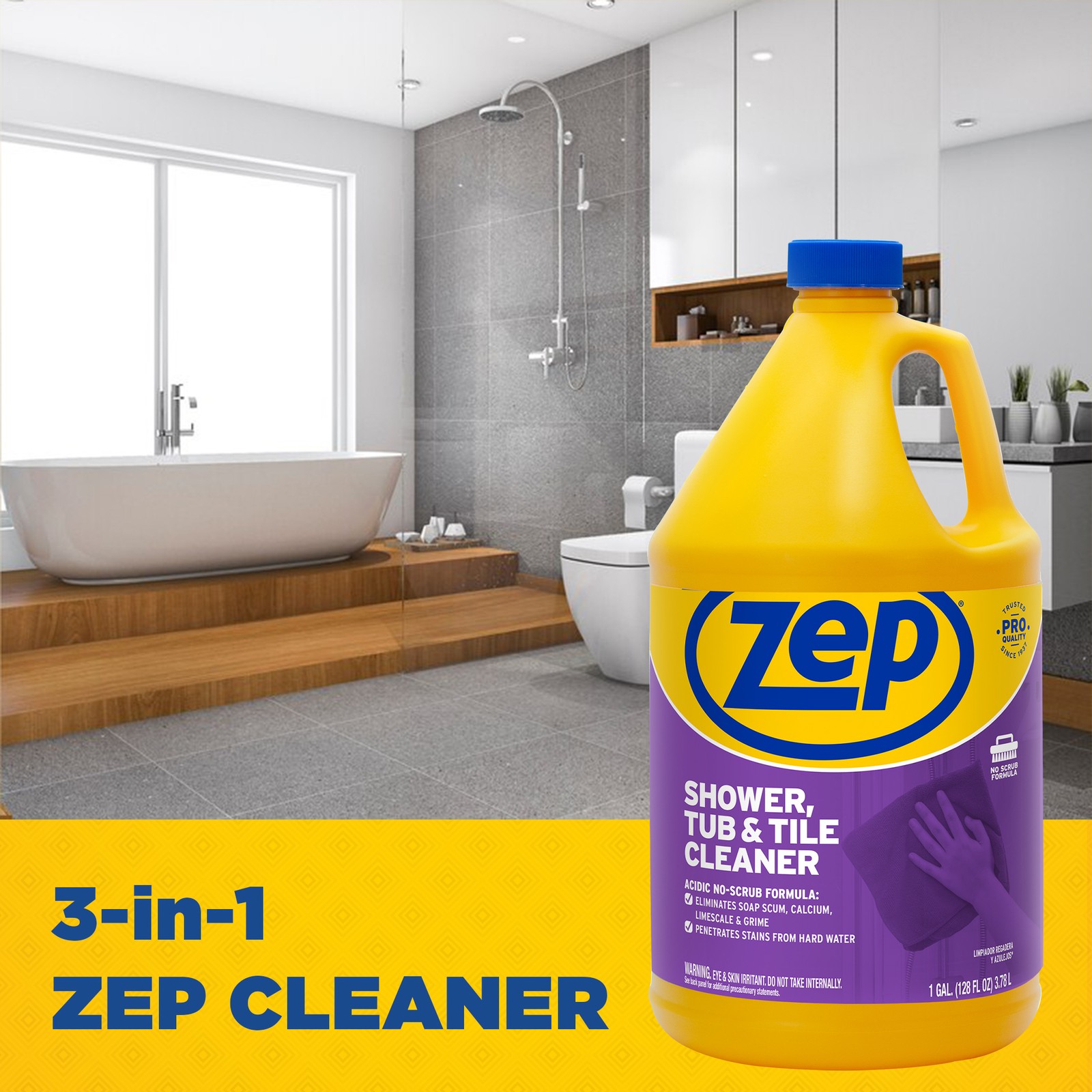 Zep Shower, Tub and Tile Cleaner – 1 Gallon (Case of 4) ZUSTT128 – No Scrub Pro