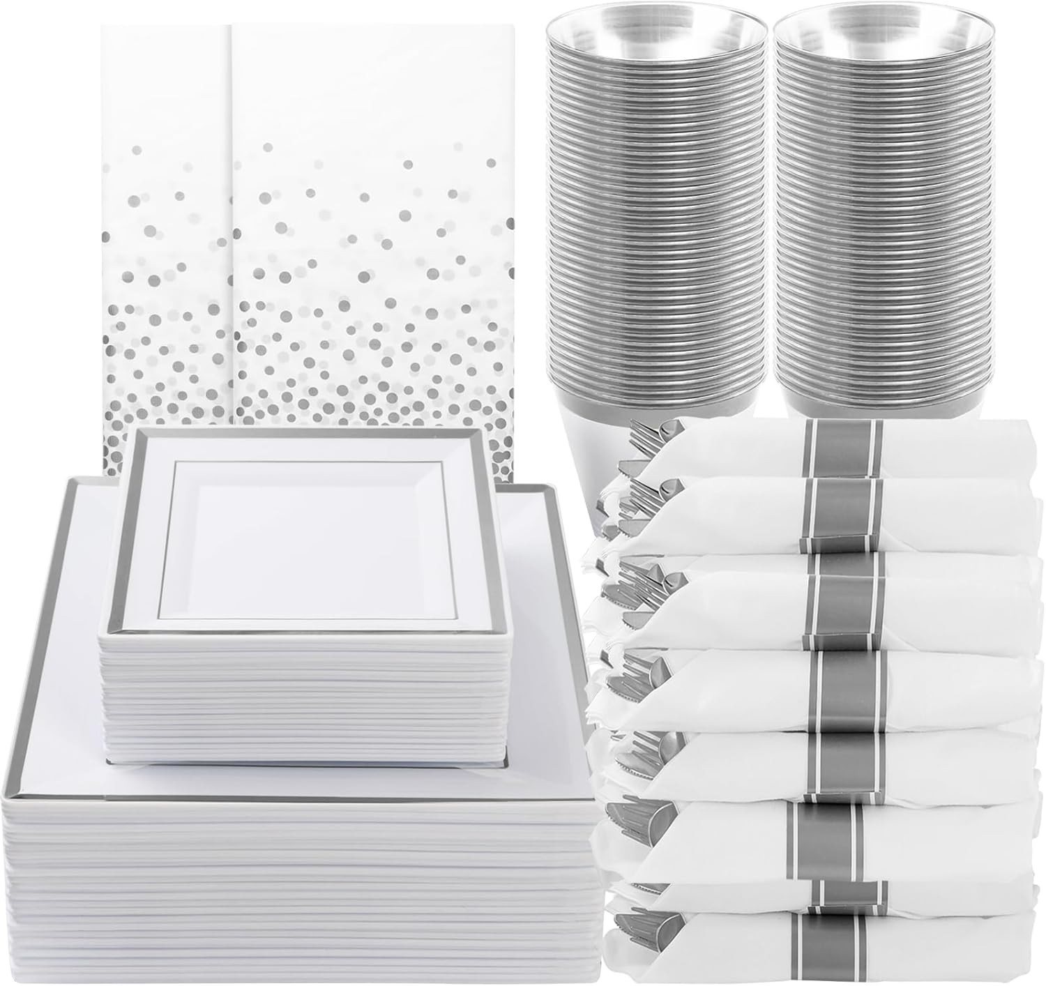 Goodluck 352 Pieces Silver Dinnerware Set for 50 Guests, Square Plastic Plates
