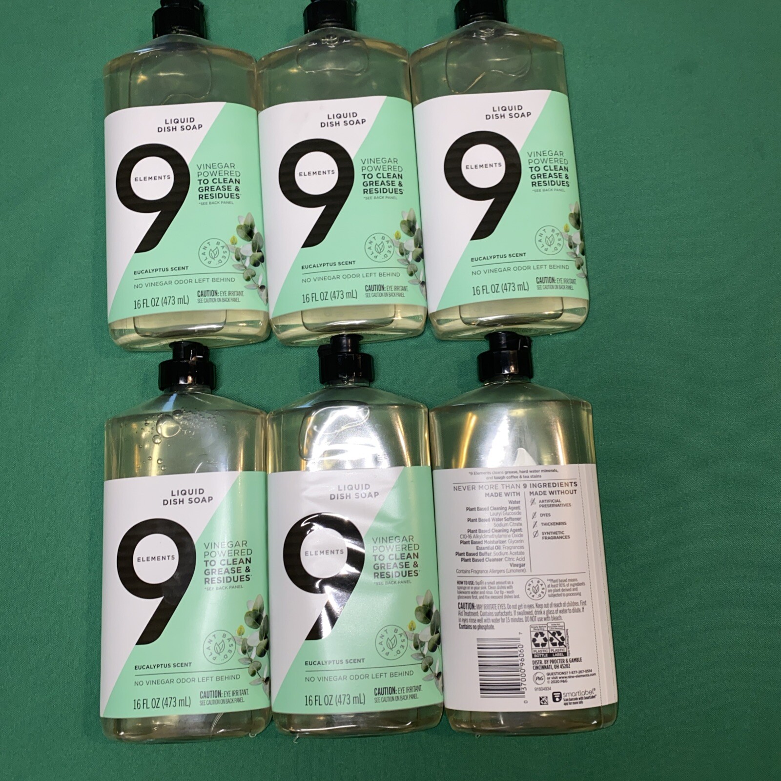 6 Bottles 9 Elements Liquid Dish Soap Vinegar Powered, Eucalyptus Scent 16 fl oz