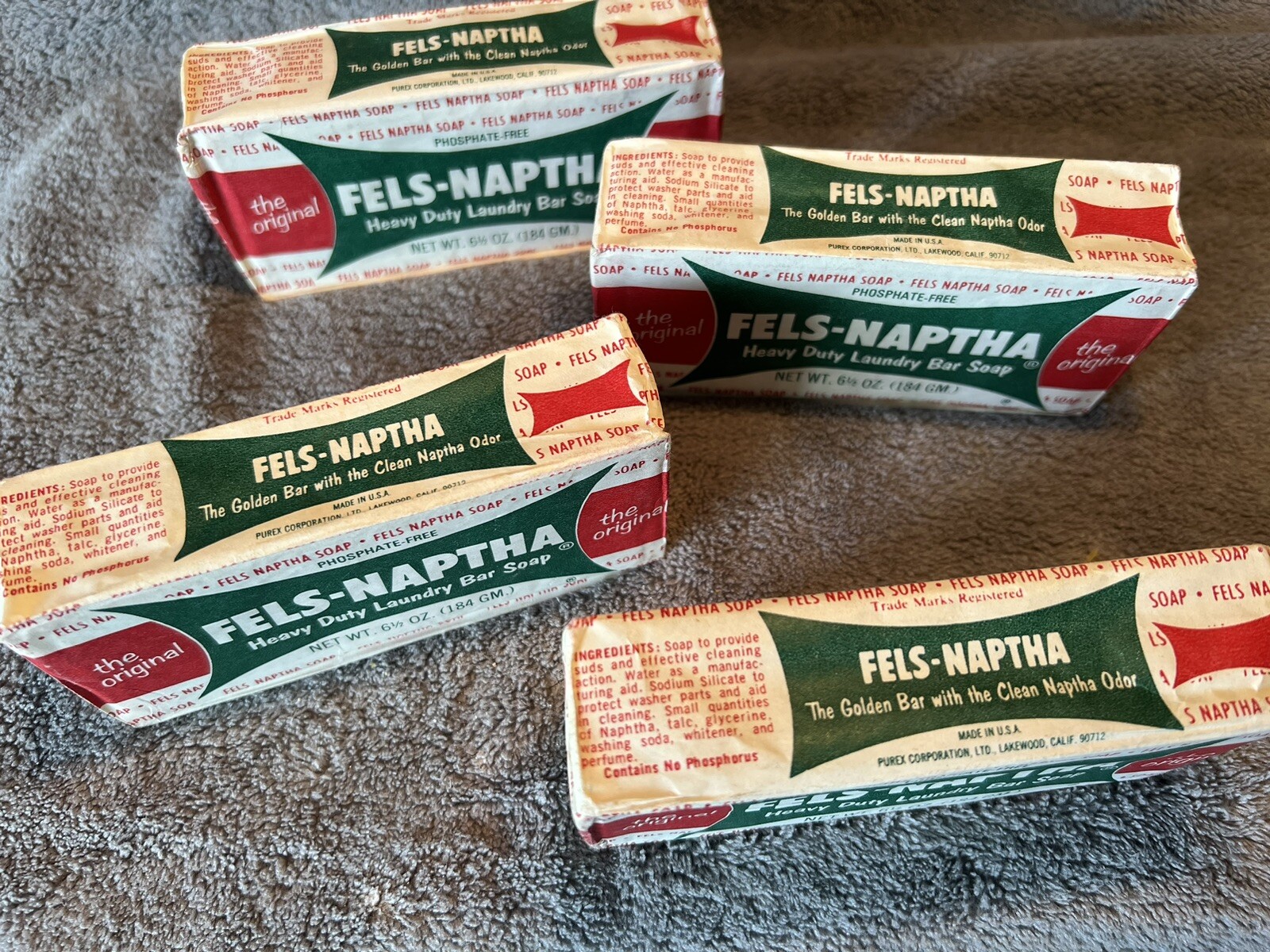 Vintage Fels Naptha Laundry Cleaning Bar LOT 4 / 6.5 Oz Ea / Paper Wrapper / NOS