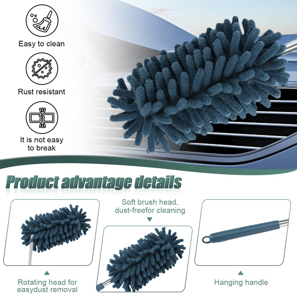 2PCS Car Interior Duster, Soft Chenille Detailing Brush with Extension Pole, Was