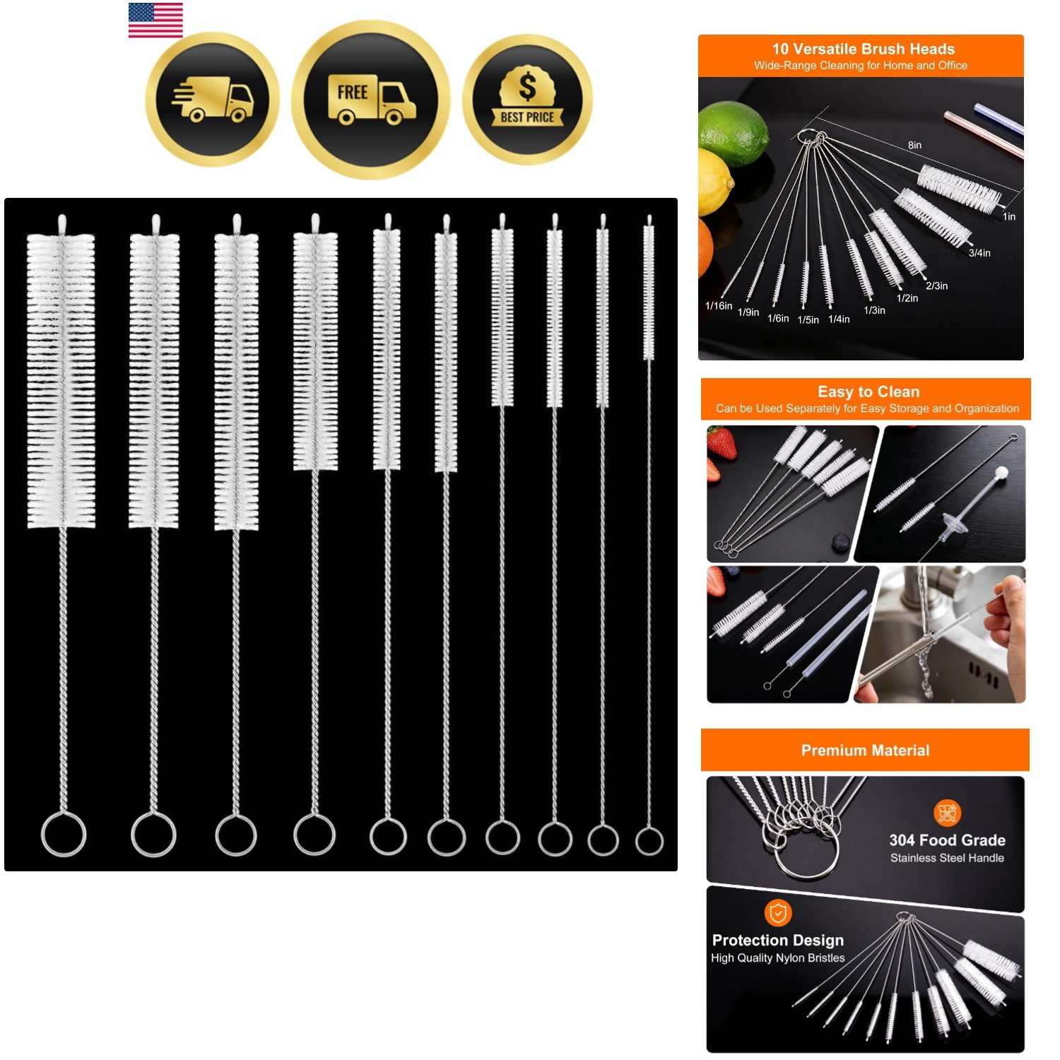 Straw Cleaner Brush Set 10 Pack, 8 Inch Extra Long Reusable Straw Cleaning Br…