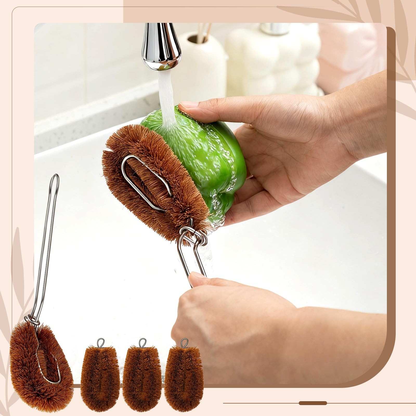 Tawashi 100% Natural Coconut Coir Fiber Brush with Handle, 4 Vegetable Scrub …