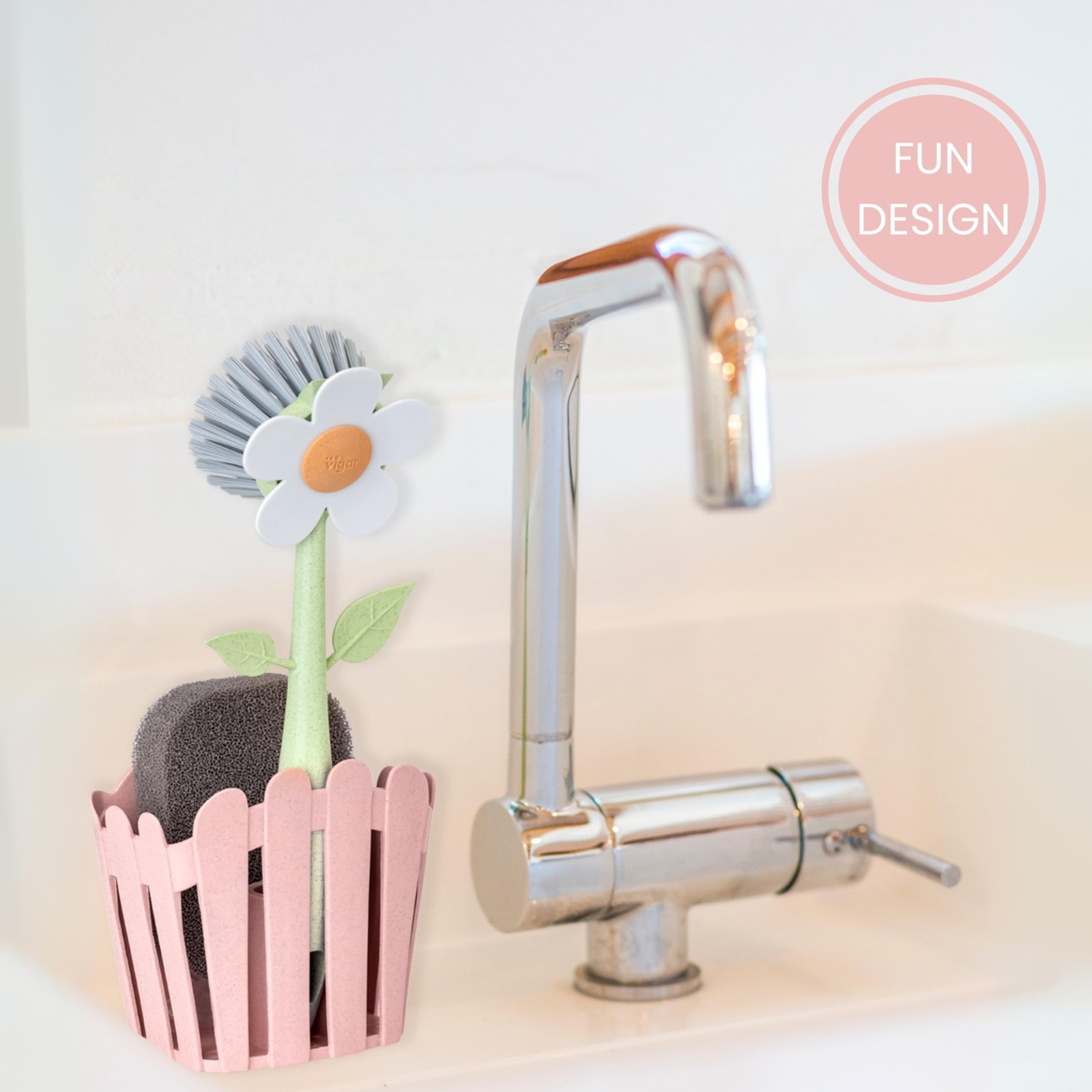 Florganic 3in1 Kitchen Sink Caddy Set Flowershaped Dish Brush Sponge Fenceshaped