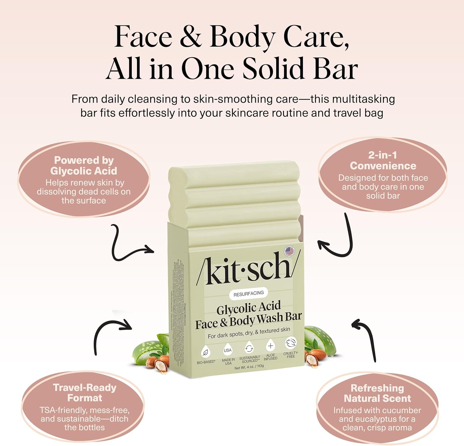 Glycolic Acid Face & Body Wash Bar – Resurfacing Bar Soap with Shea