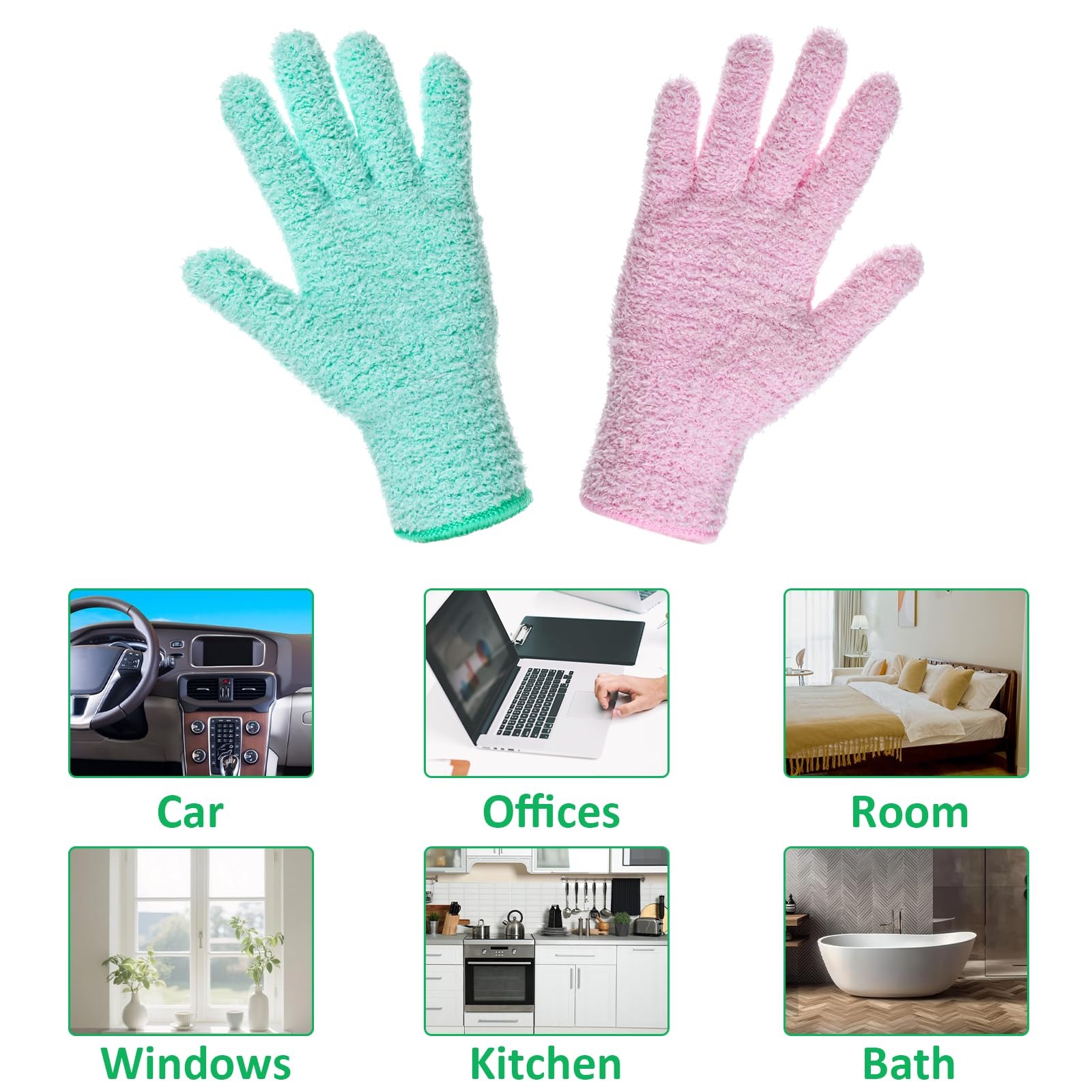 Thinp 2 Pairs Microfiber Dusting Gloves, Reusable Plant Standard, Pink, Green