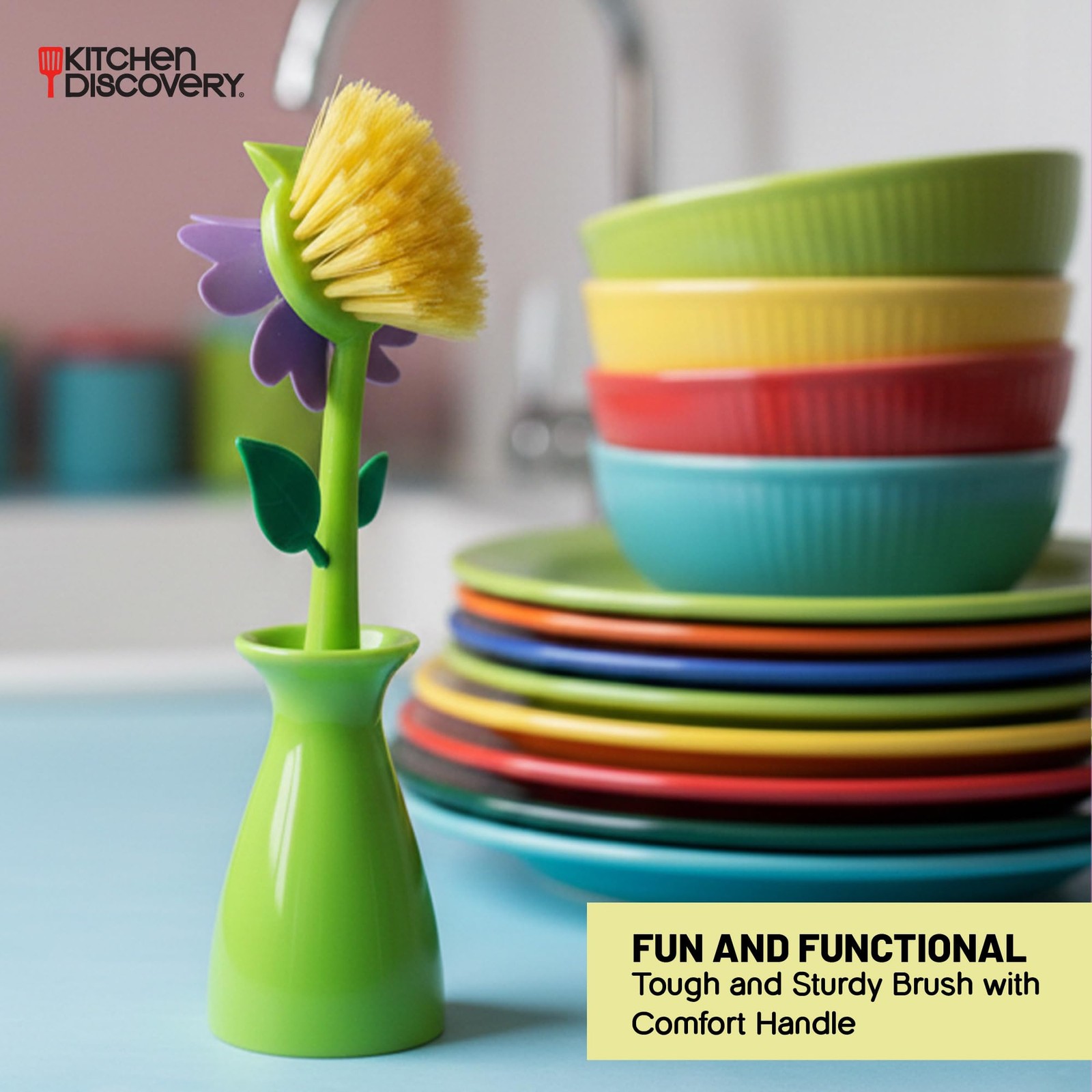 Cute Dish Brush with Stand – – Daisy in a Vase Brightens the Sink Area While …