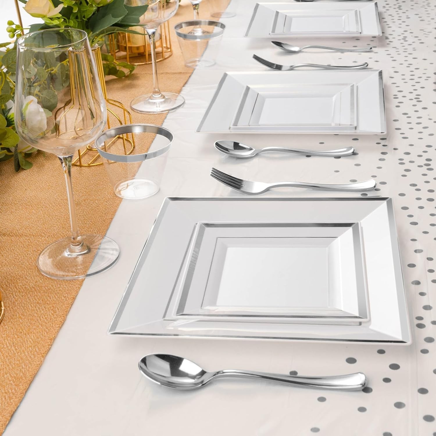 Goodluck 352 Pieces Silver Dinnerware Set for 50 Guests, Square Plastic Plates