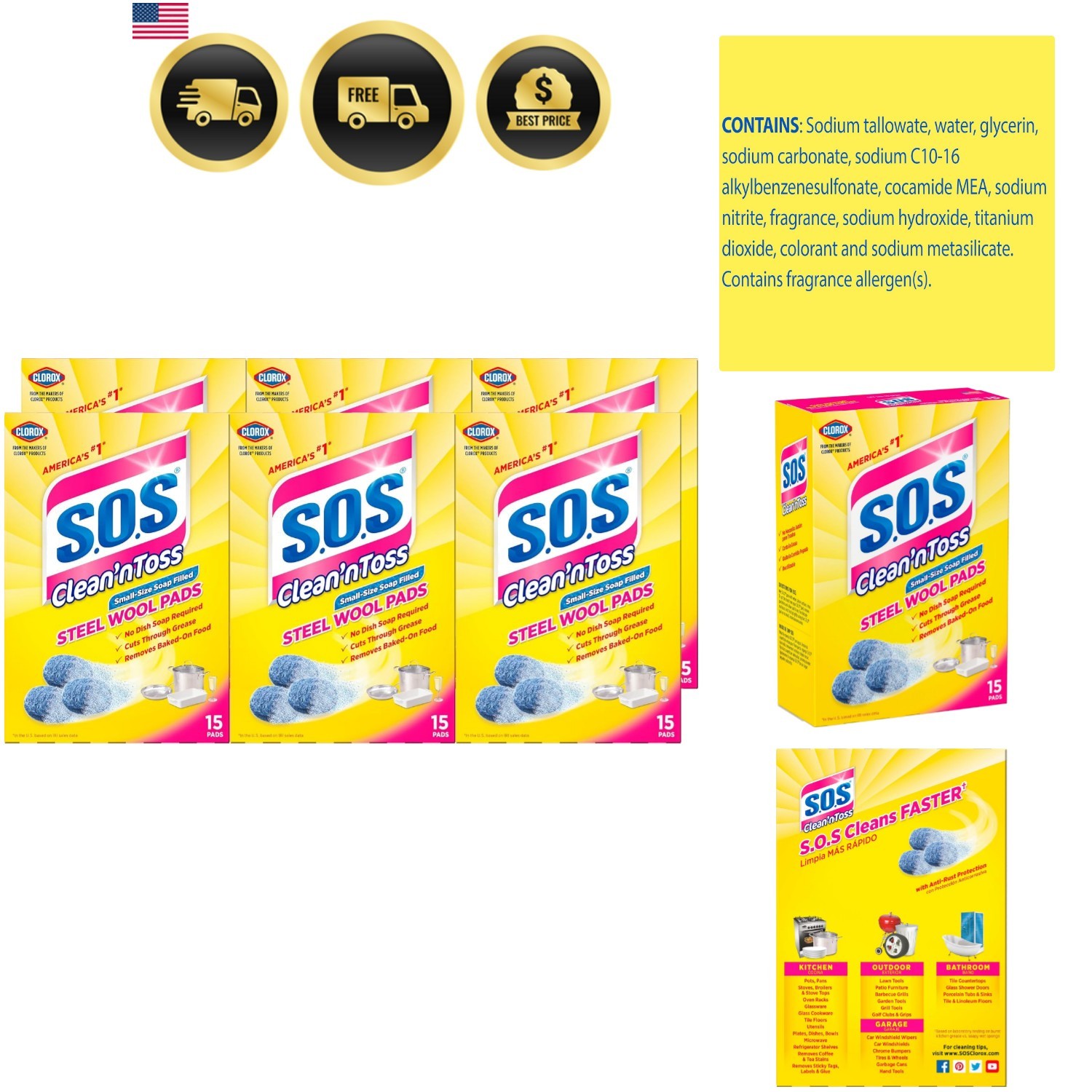 Clean ‘n Toss Steel Wool Soap Pads, 15 Count, Pack of 6