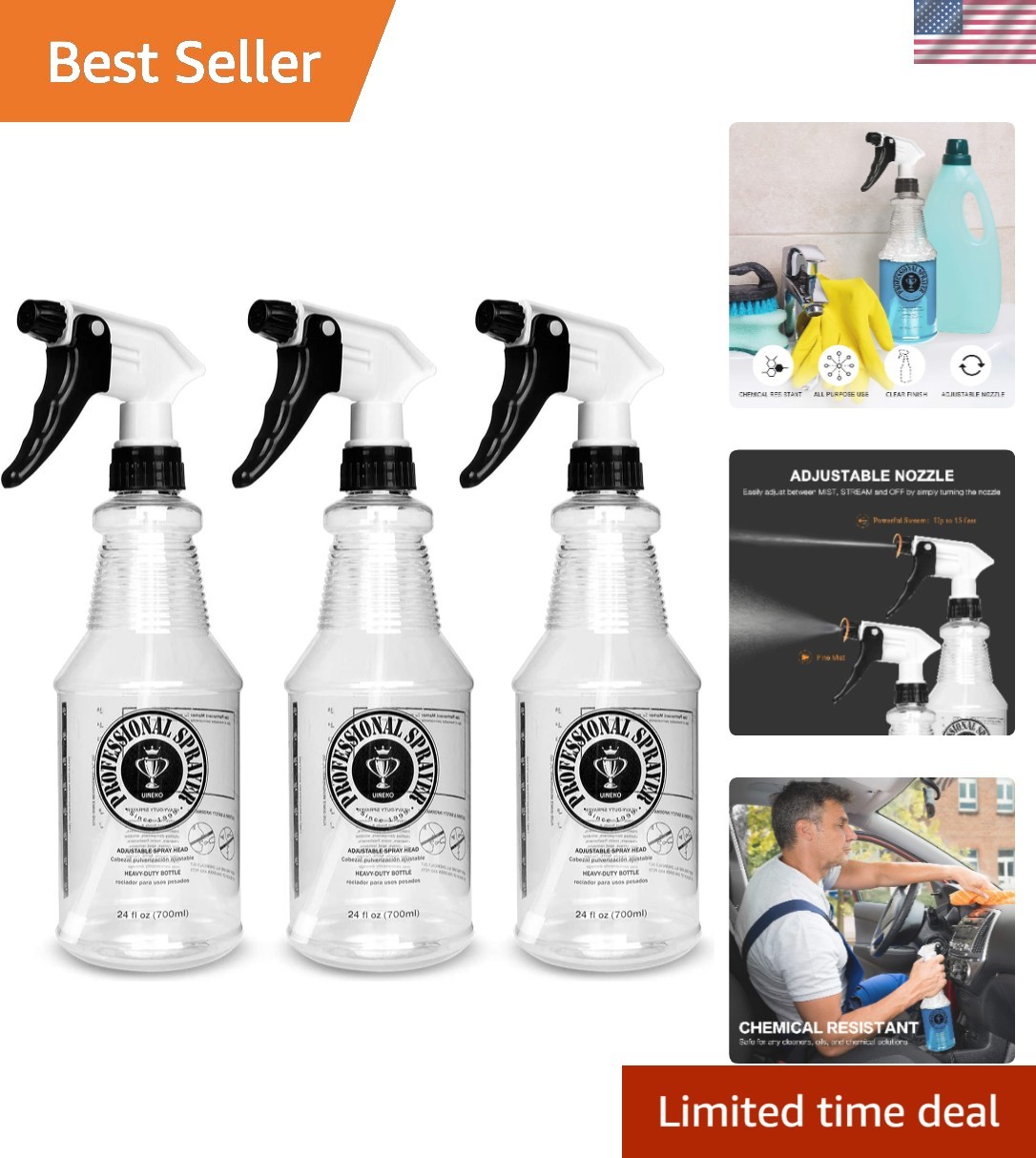 Plastic Spray Bottle 24oz 3 Pack for Cleaning Solutions, Car Detailing Care, …