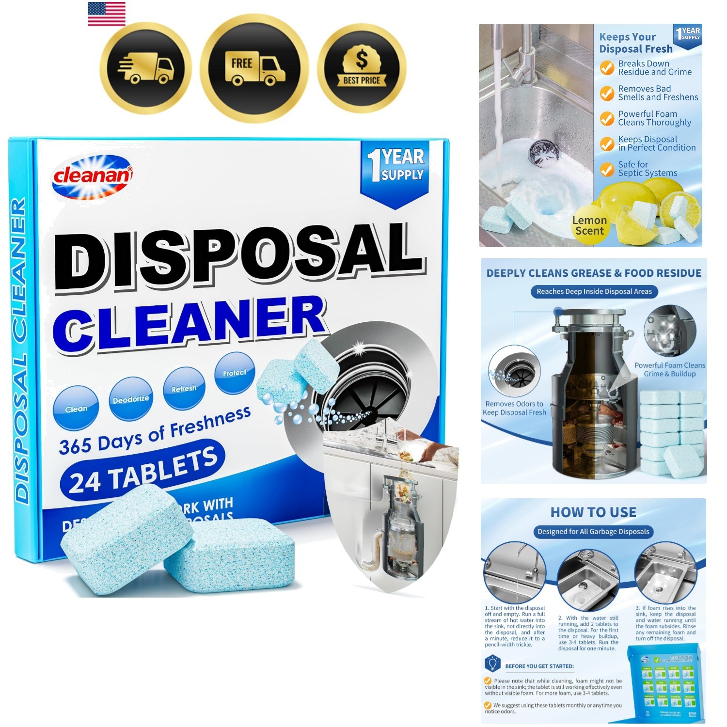 Foaming Garbage Disposal Cleaner and Deodorizer Tablets-24 Pack Food Disposal…