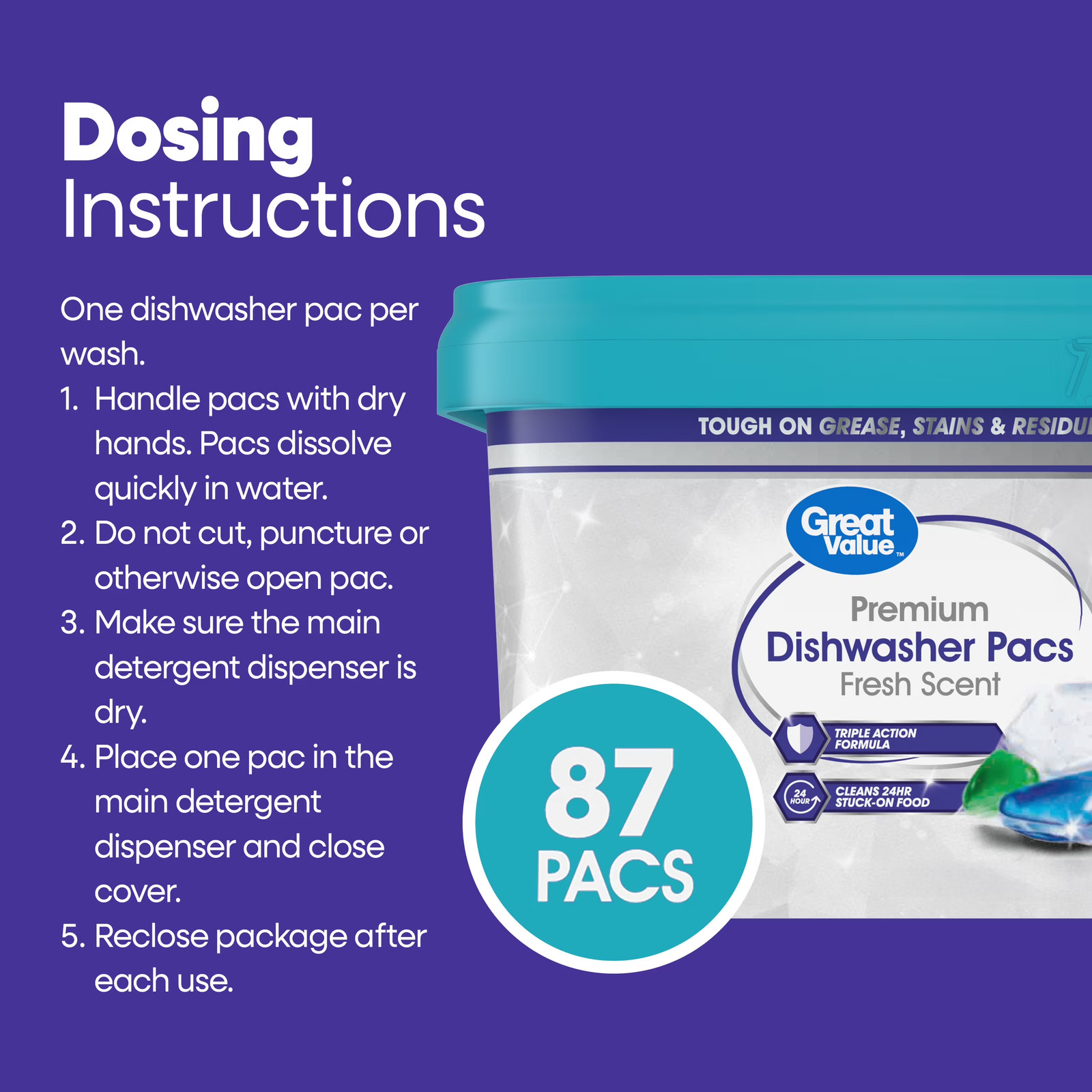 Premium Dishwasher Pacs, Fresh Scent, 87 Count
