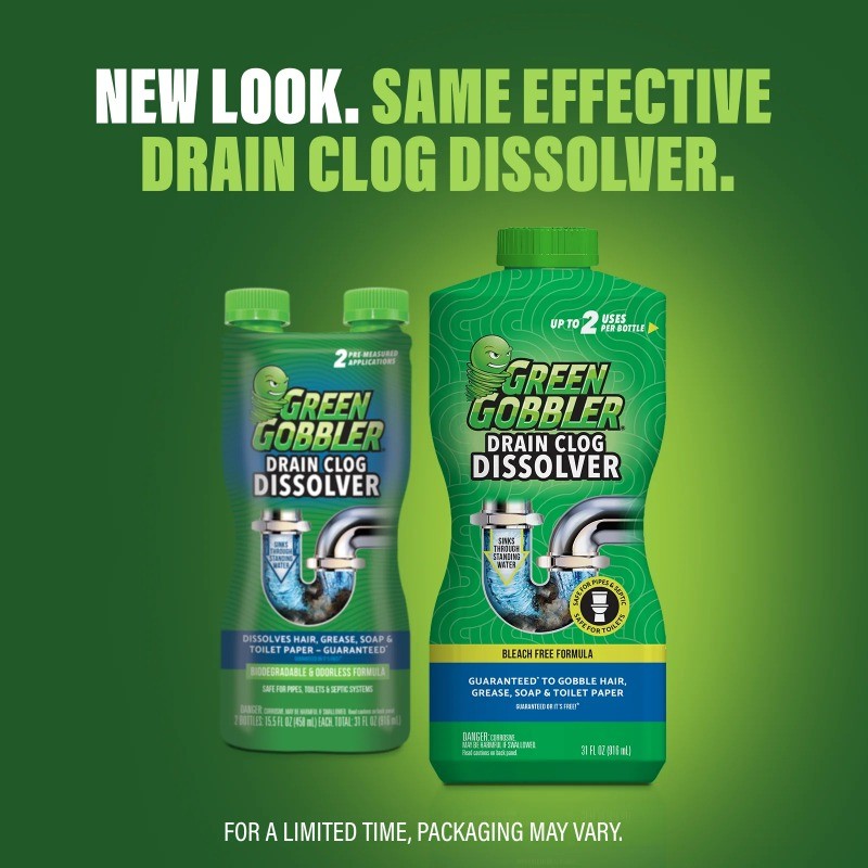 Green Gobbler Drain Clog Remover and Cleaner, Septic-Safe, Bleach-Free, – 2 Uses