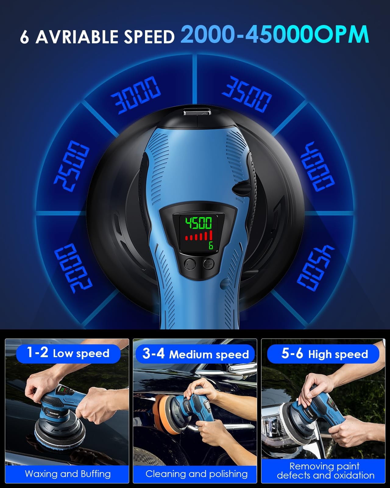 Cordless Polisher 2x2000mAh 21V Batteries,21pcs Attachments & 6 inch Car Buffer