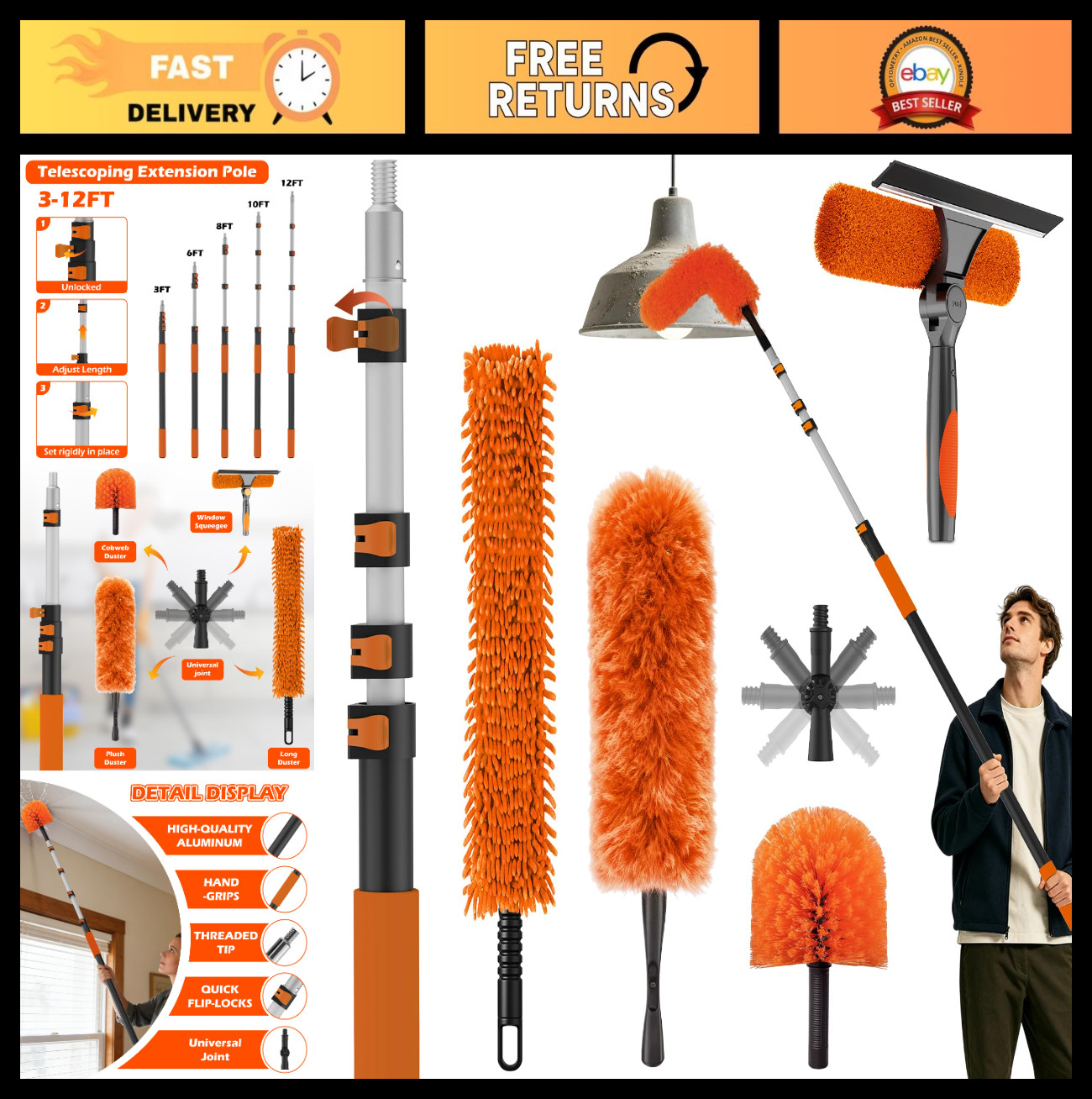16FT High Ceiling Duster Kit – Adjustable Pole, Extra Long Duster, Cobweb & Sque