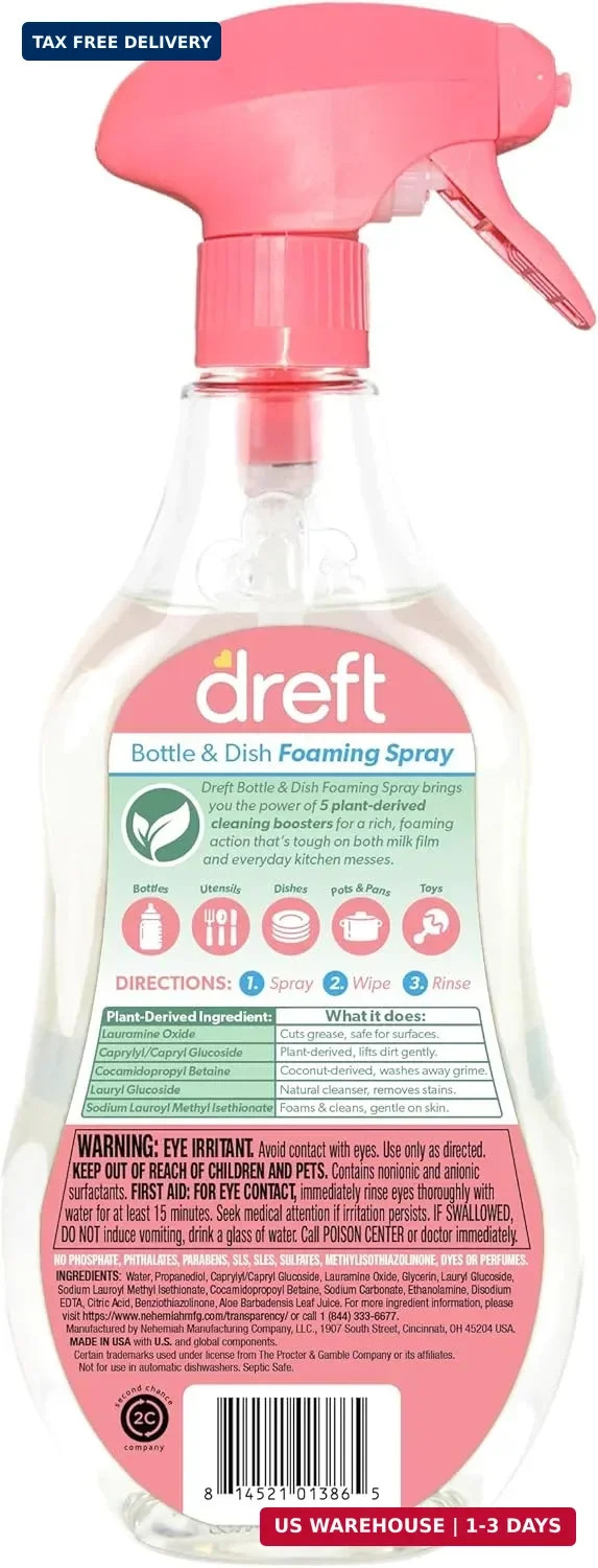 Dreft Foaming Baby Bottle and Dish Cleaning Spray, Plant-Derived Formula, 18 Fl