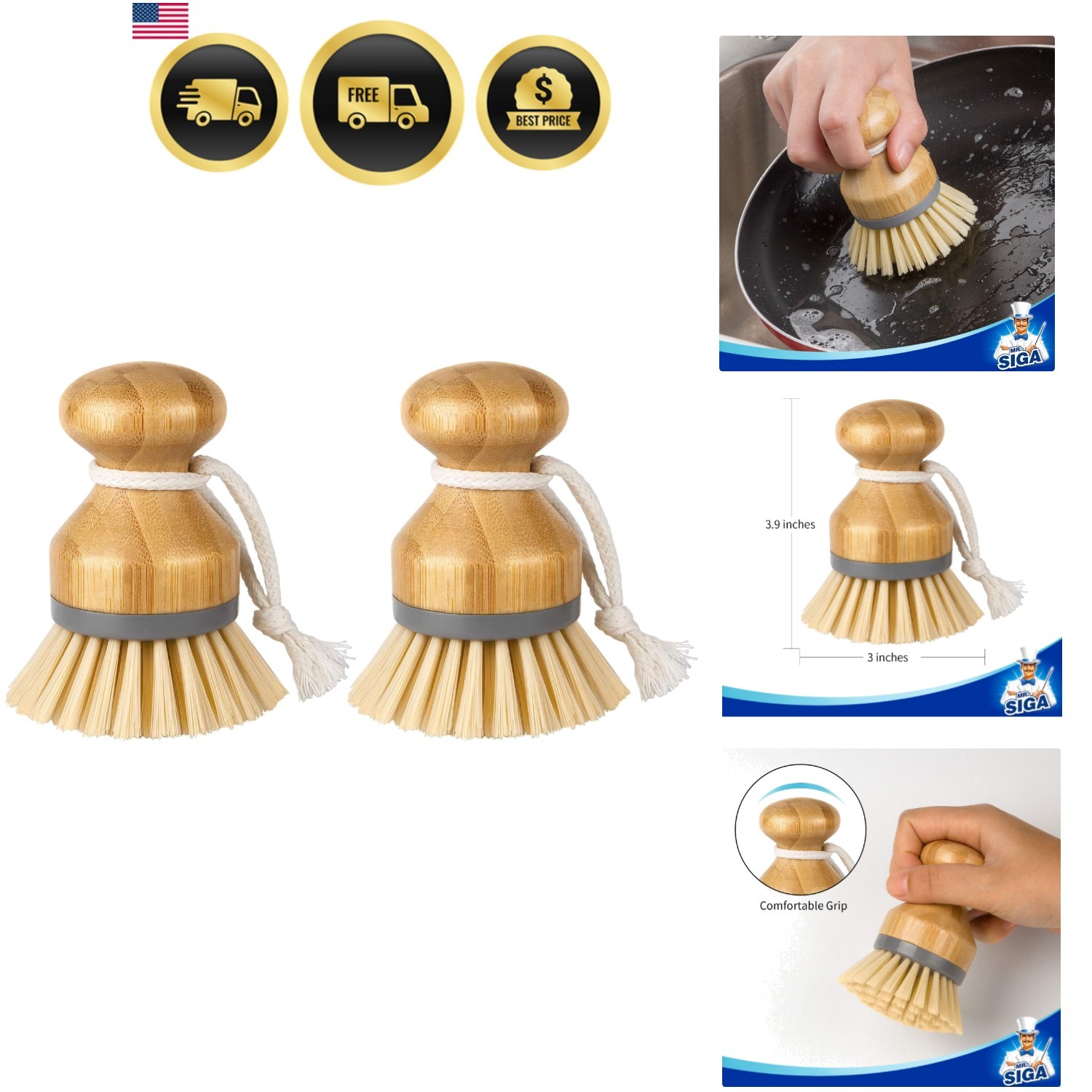 Bamboo Palm Brush, Scrub Brush for Dishes Pots Pans Kitchen Sink Cleaning, Pa…