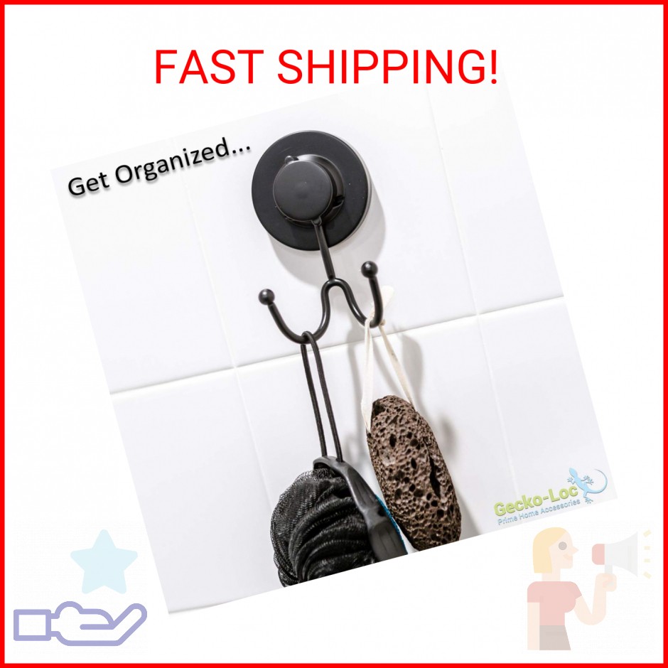 Gecko-Loc Heavy Duty Suction Cup Hooks Shower Accessory Stainless Steel – Black
