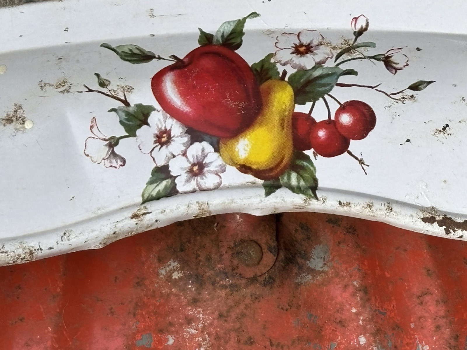 Vtg Red Metal Dustpan Floral w/ Fruit – Apple, Pear, Cherries – Very Worn, Rusty