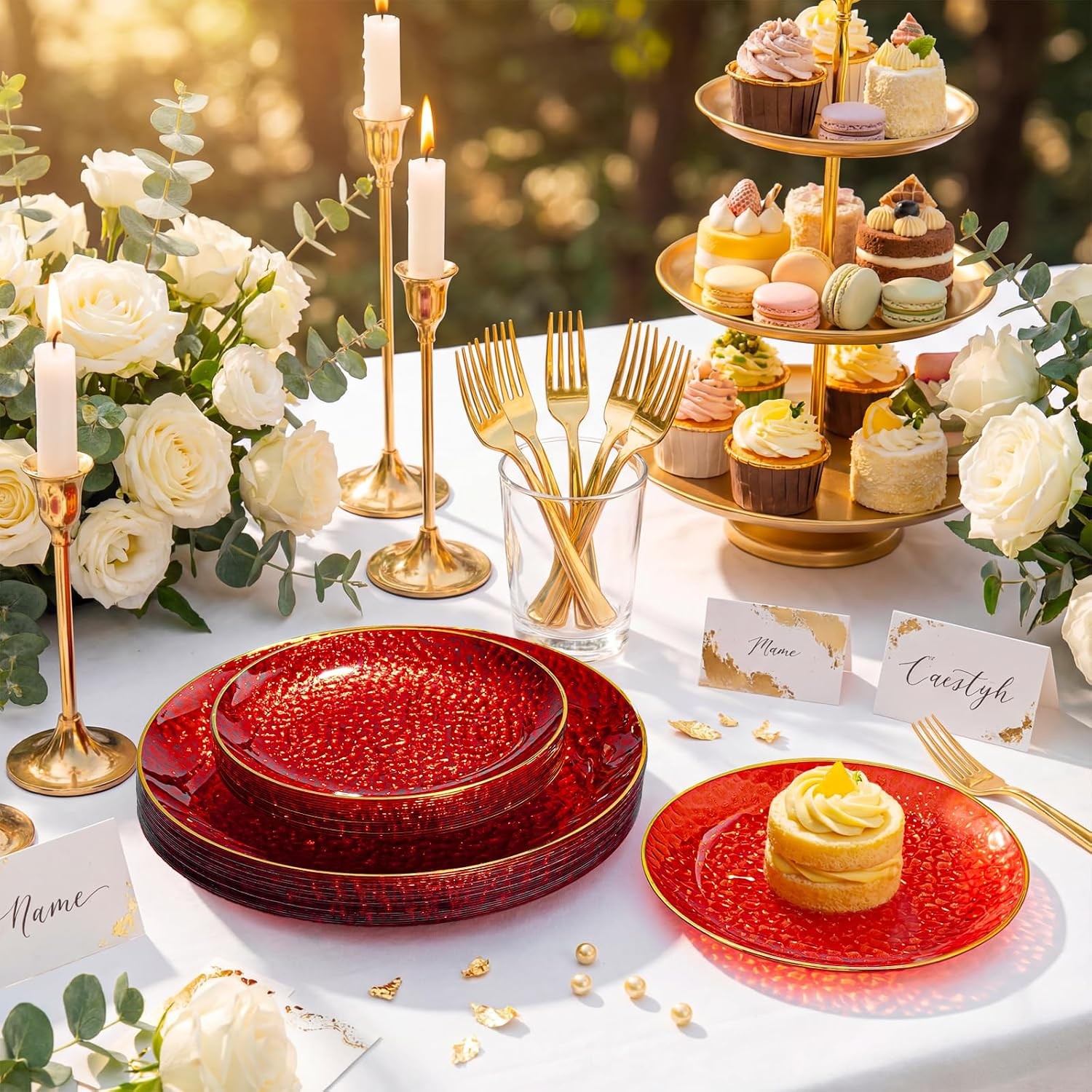 DaYammi 240Pcs Red Plastic Plates Including 120Pcs Red Dessert Plates and 120P