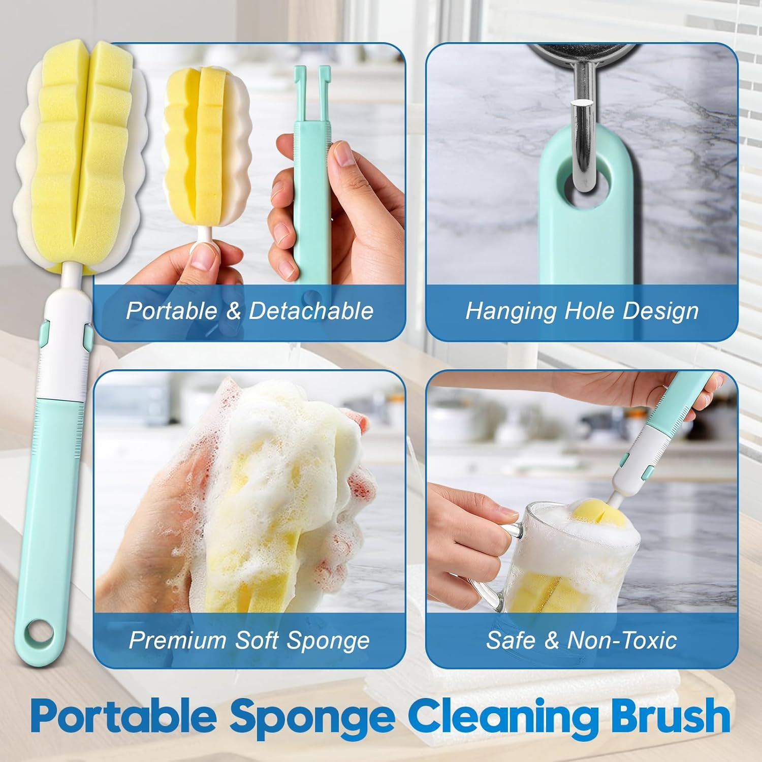 14Pcs Bottle Brush Cleaner Set, Long Handle Bottle Brushes, Sponge Brushes, 3-In