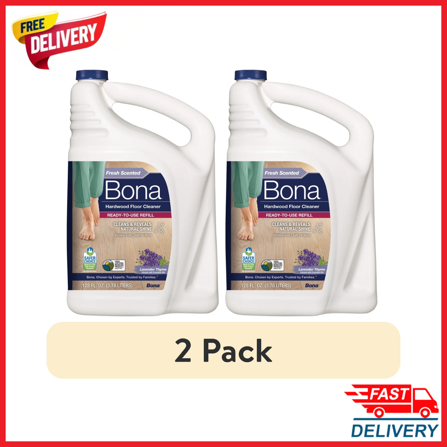 (2 Pack) Bona Hardwood Cleaner Refill 128 oz Lavender Thyme Residue Free Dry
