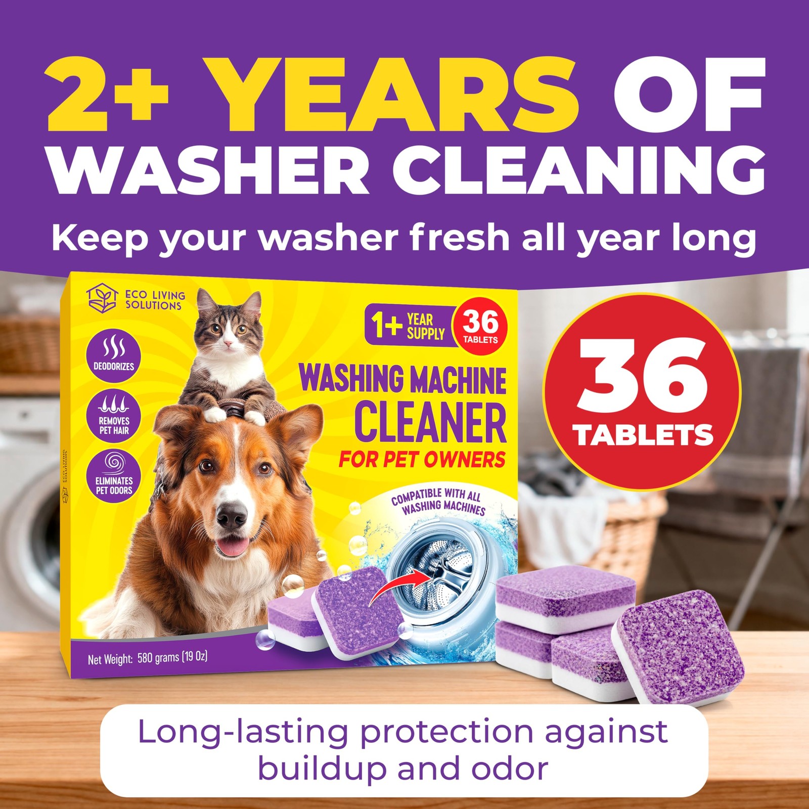 ECO LIVING SOLUTIONS Washing Machine Cleaner Tablets for Pet Owners 36 Pack