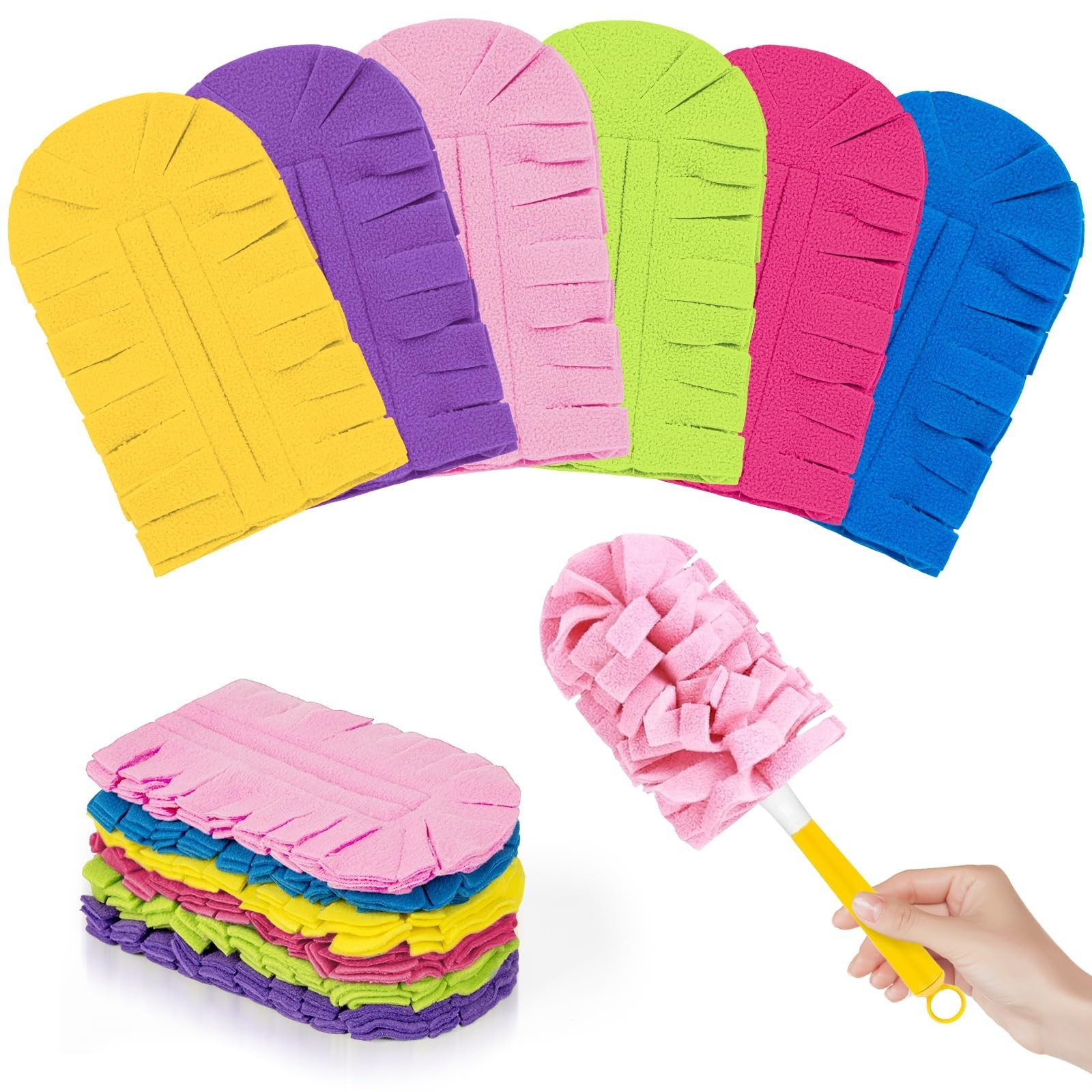 6 PCS Washable Fleece Duster Refills, Heavy Duty 360° Cleaning Pads + Handle