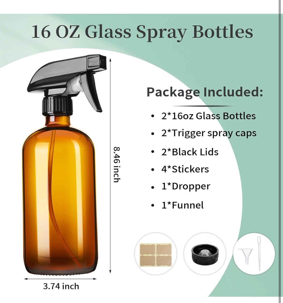 Set of 2 AMBER Colored Empty Glass Spray Bottles ~ 16 Ounce Each