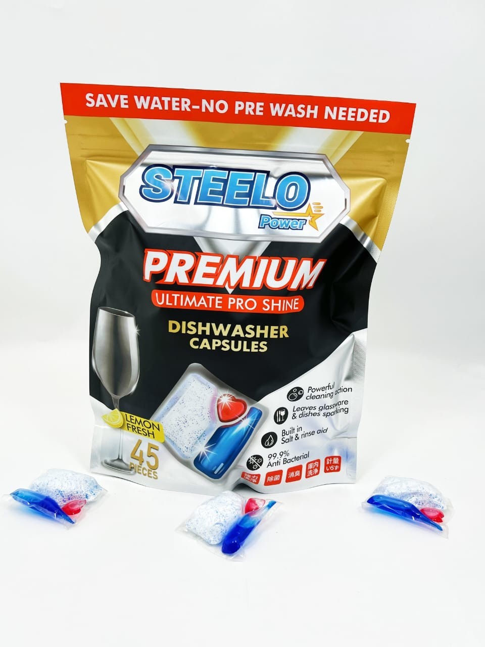 STEELO POWER DISHWASHER DETERGENT CAPSULES 45 PCS PACK BASIC FACTORY SEALED