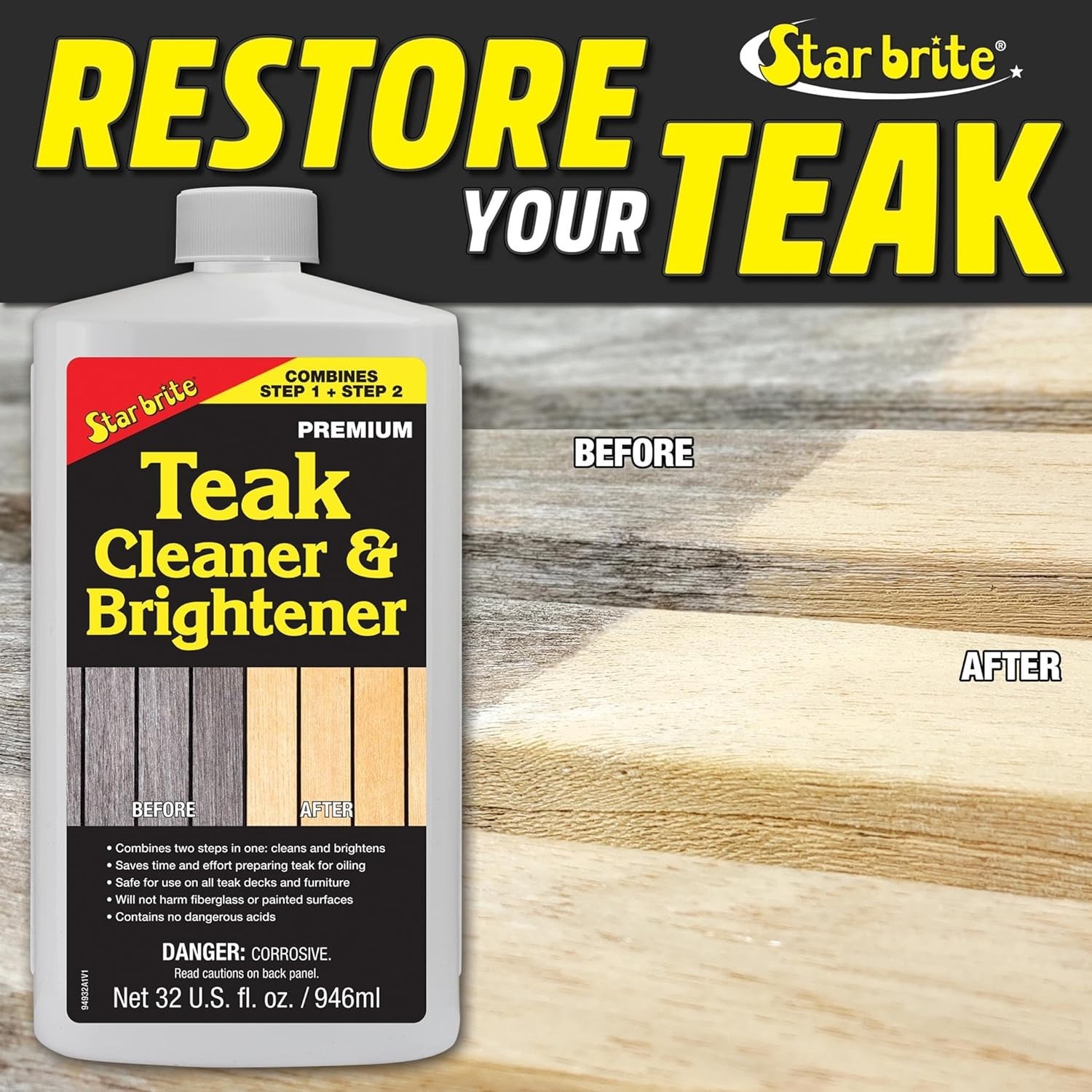 Teak Cleaner & Brightener, Restore Weathered Wood, 32oz