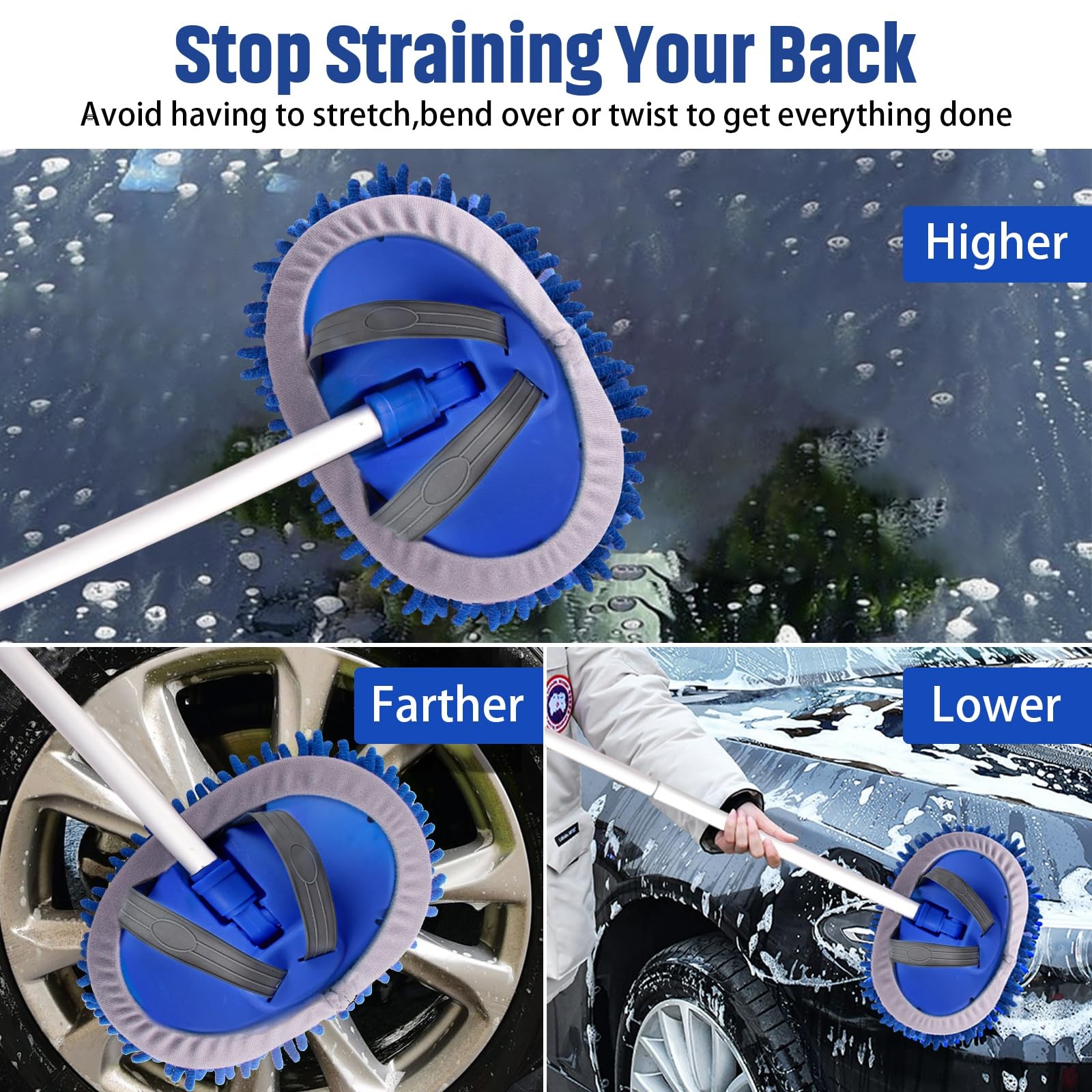 62 Microfiber Car Wash Brush With Long Handle Car Washing Mop Kit Mitt Sponge C