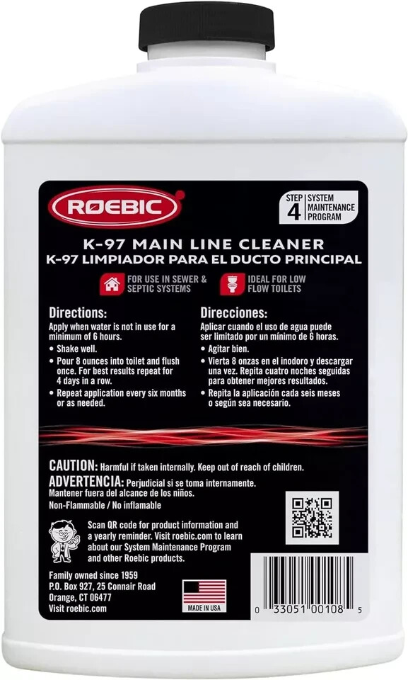 Main Line Cleaner – Exclusive Bacteria Digests Paper, Fats, and Grease in Sewer.