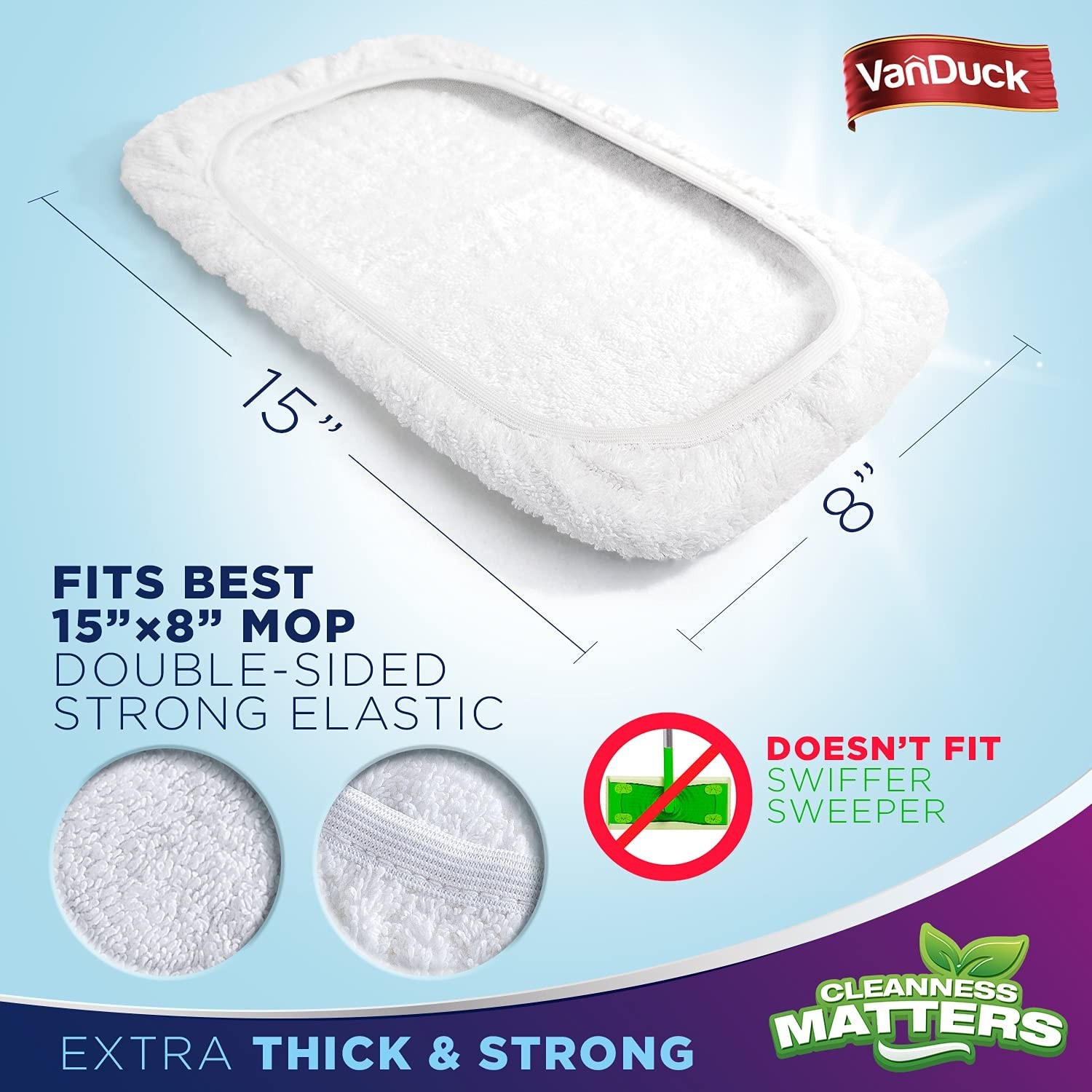 VanDuck 100% Cotton Pad Terry Cloth Mop Refills 15×8 inches, 2 Pack (Mop is N…