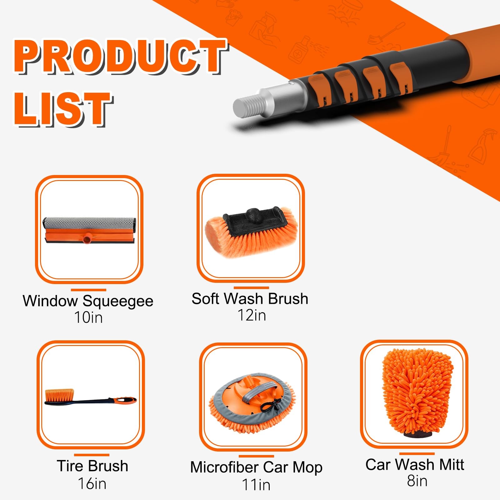 16FT Car Wash Brush Kit – Long Handle Soft Bristle, Squeegee, Microfiber Mop