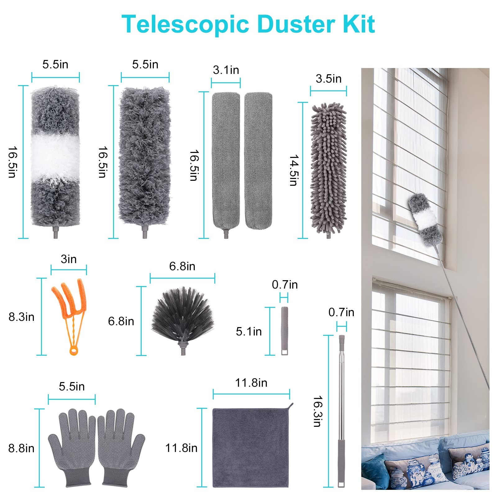 12pcs Microfiber Dusters Duster with Extension Pole(Stainless Steel) 30 to 100”