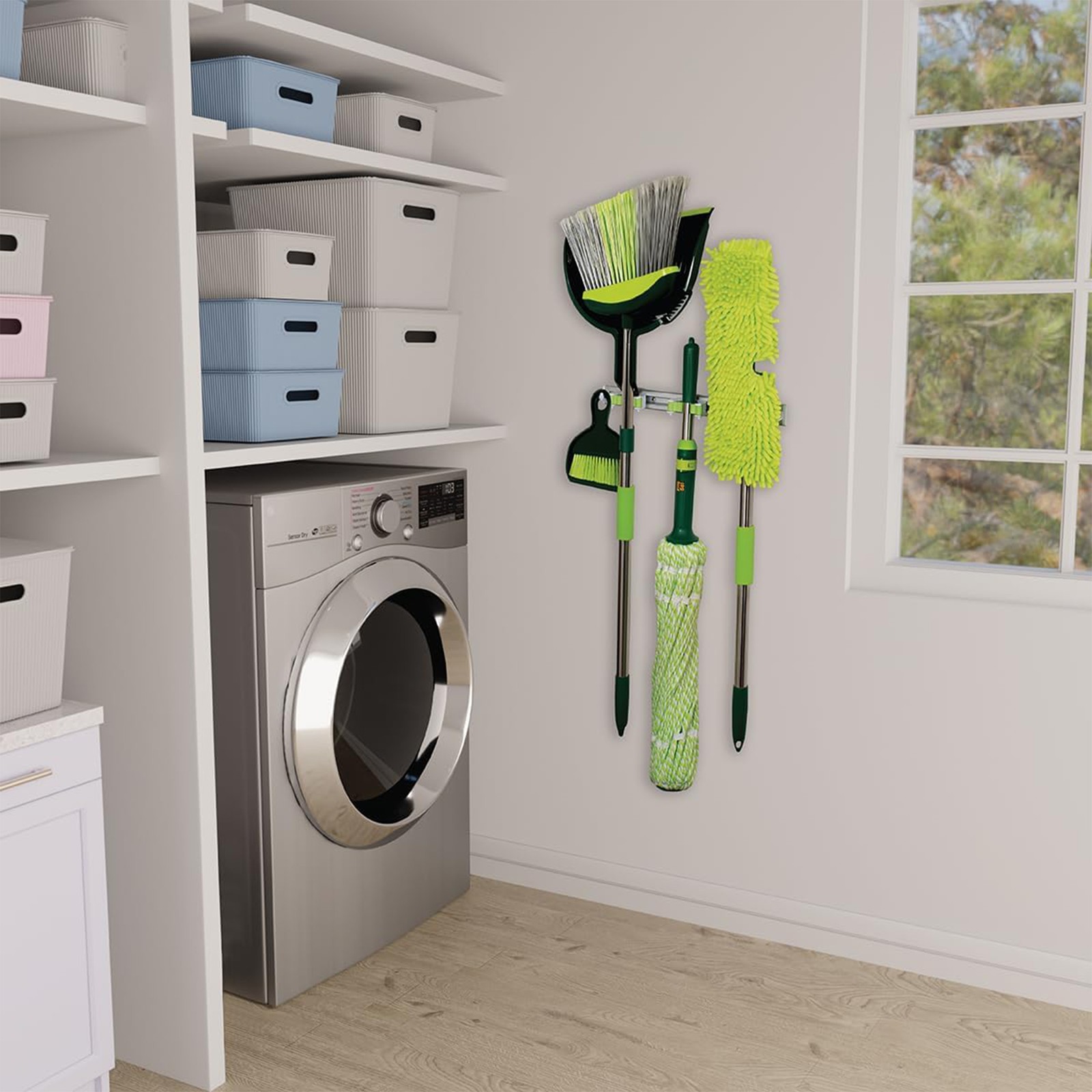 Pine-Sol Broom & Mop Floor Cleaning Set, 7 Piece Kit w/ Wall Mount Storage Rack