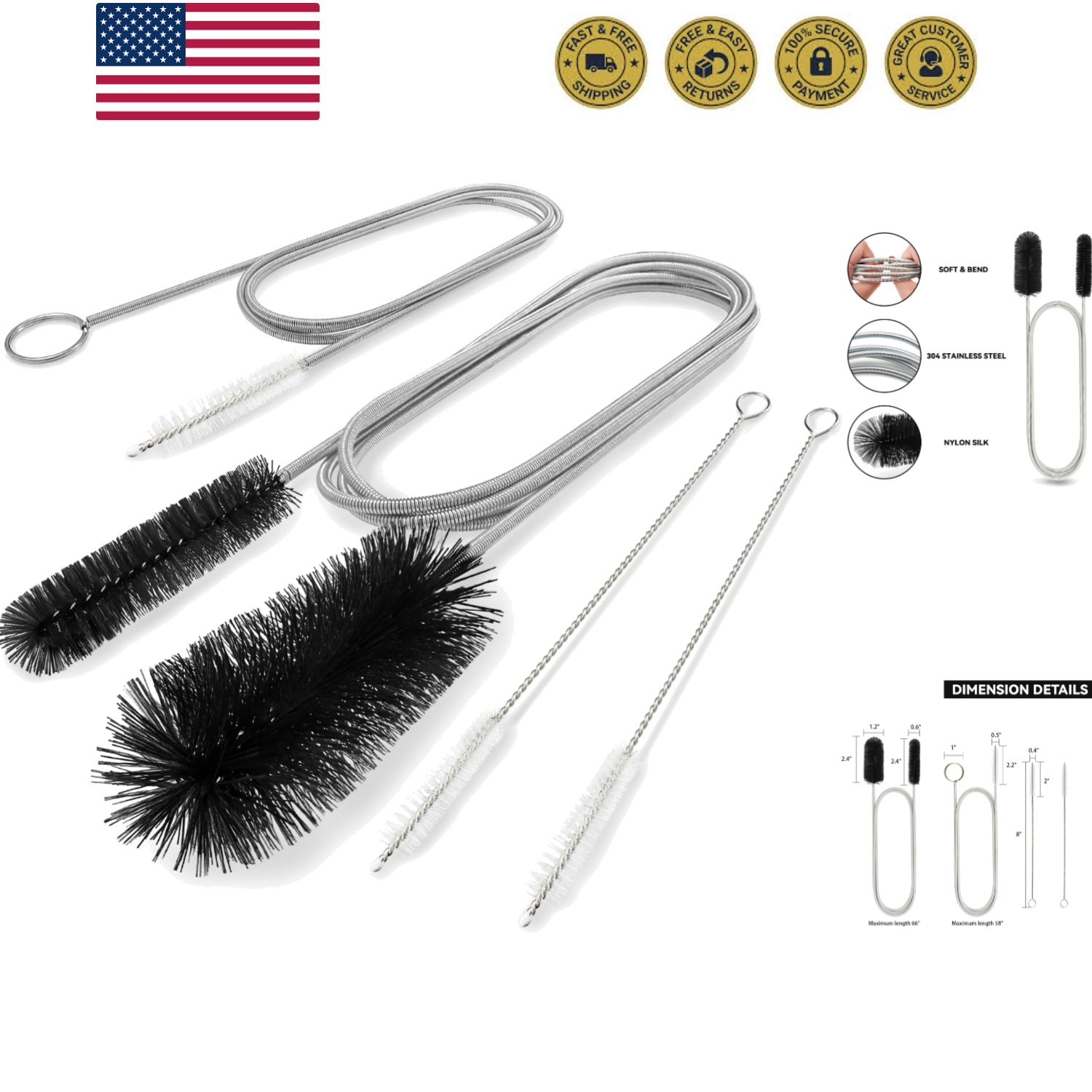 Flexible Drain Brush, 66 Inch Long Double Ended Hose Pipe Cleaners and 58 Inc…