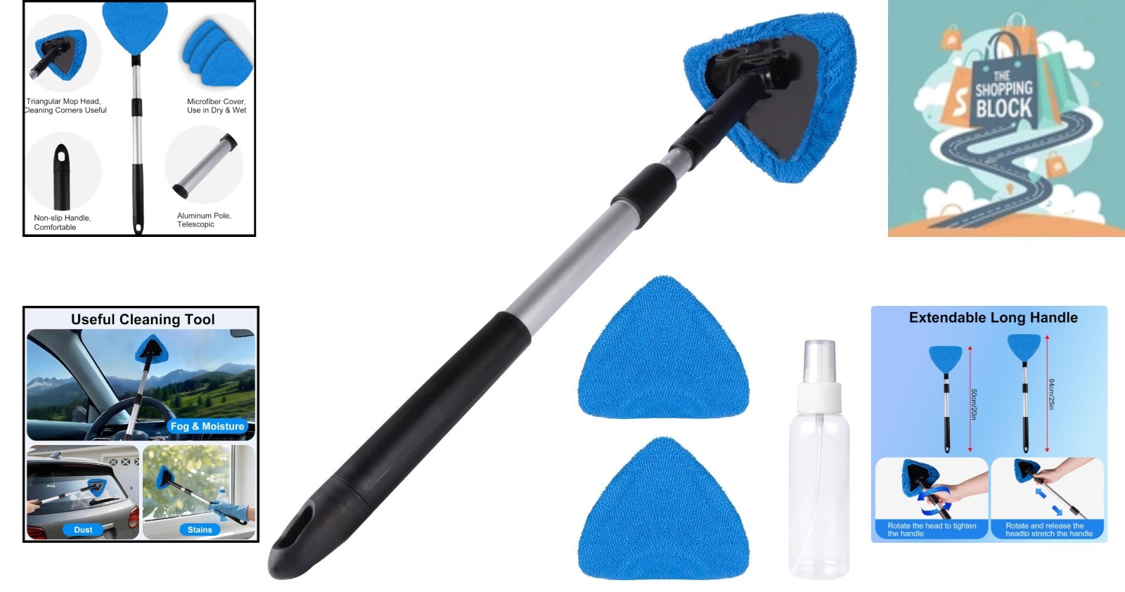 Dark Blue Extendable Car Windshield Cleaner Kit with Microfiber Pads & Spray