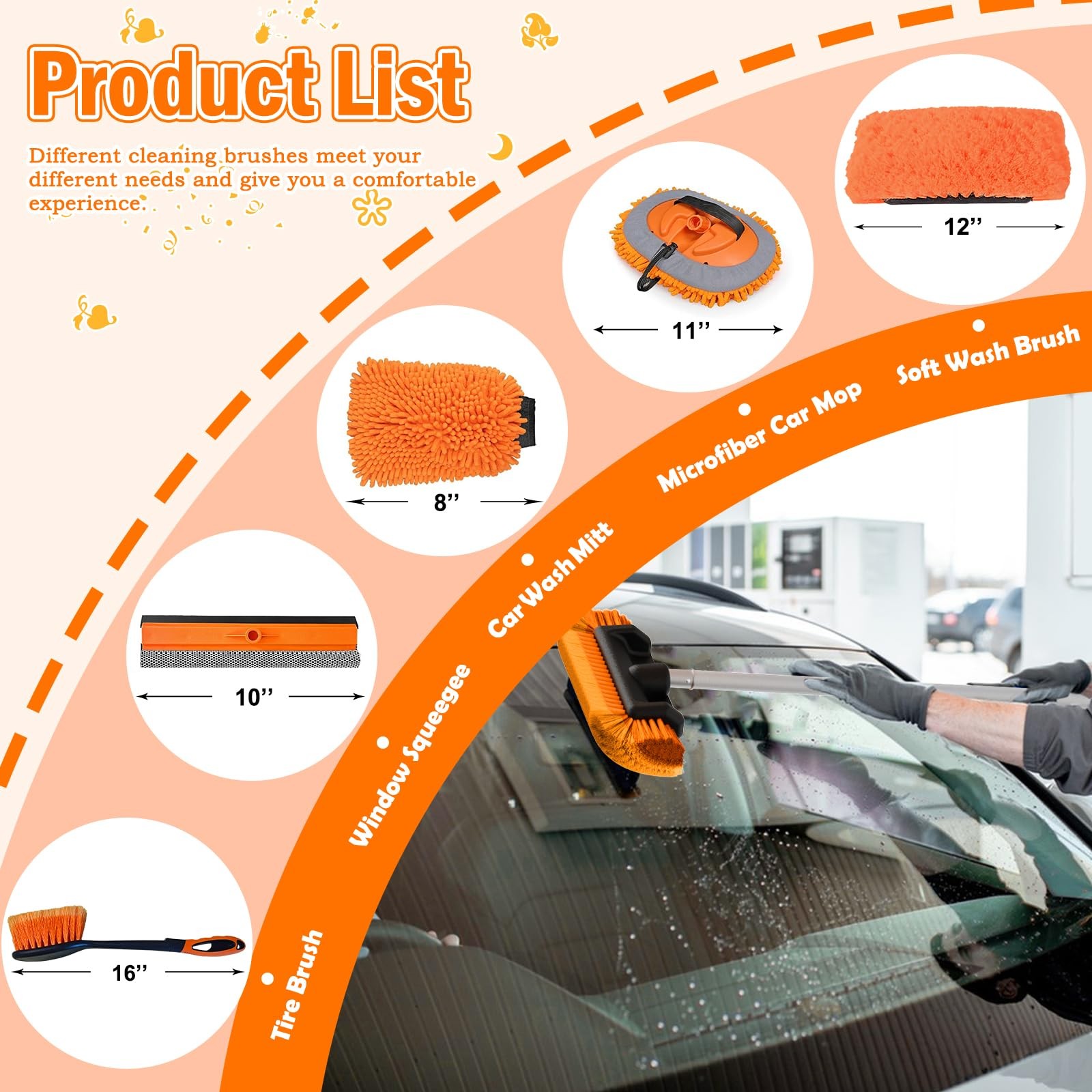 16FT Car Wash Brush with Long Handle, Car Cleaning Kit with Soft Bristle Wash…