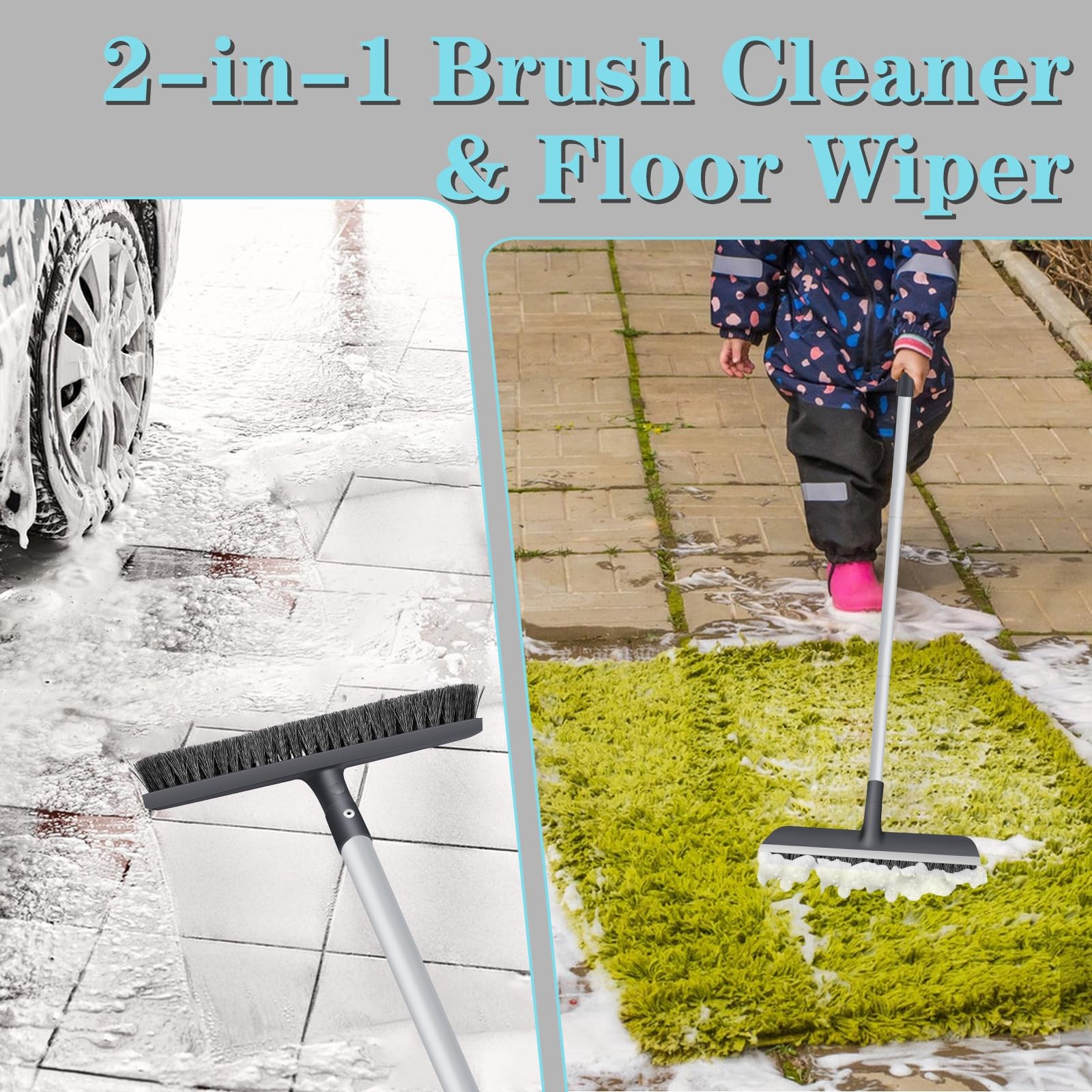 Long Handle Floor Scrub Brush Stiff Bristles Heavy Duty 2 in 1 Squeegee Bathroom