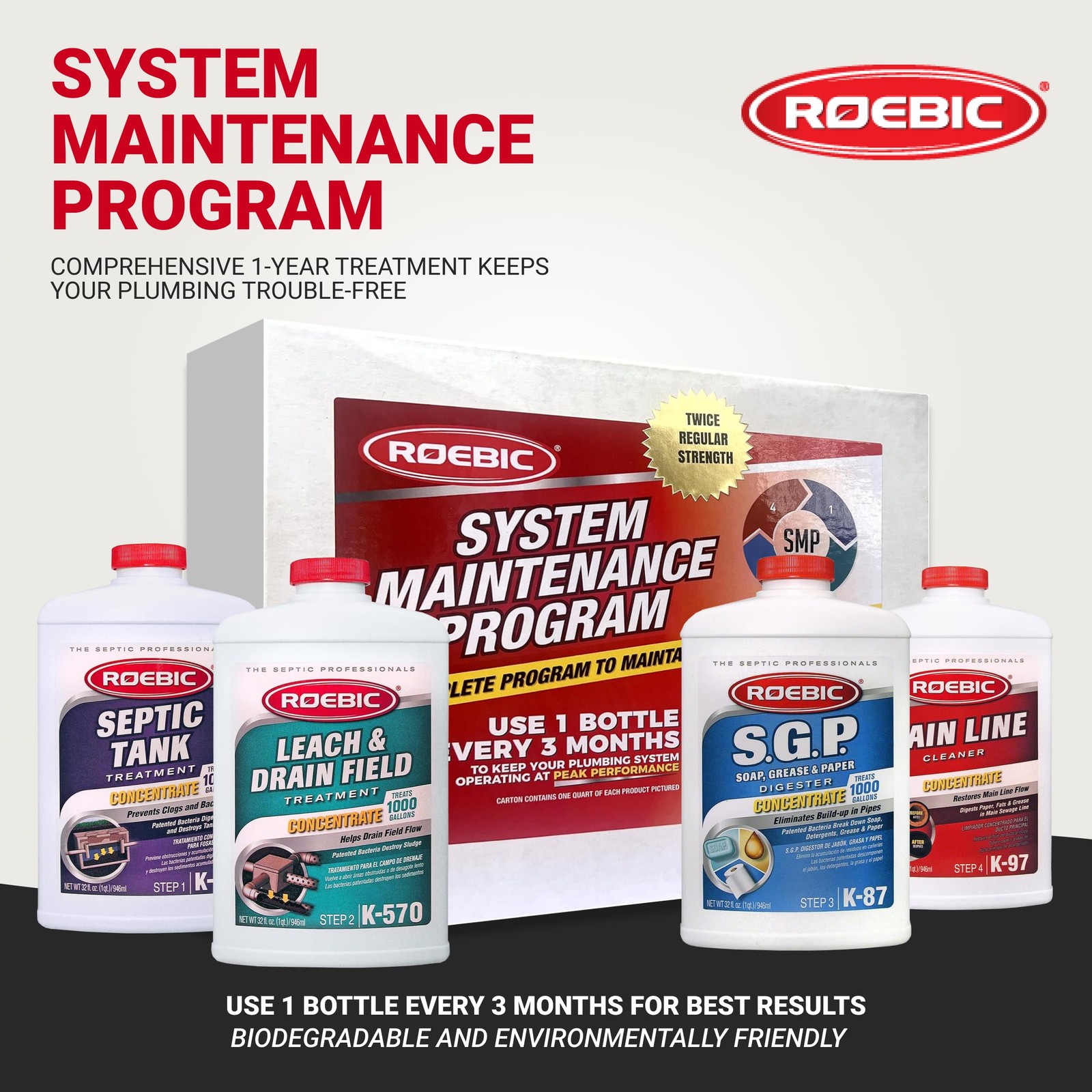 Roebic SMP-1000-PAK-1 Complete Septic System Maintenance Kit 4 Quarts, Pack of