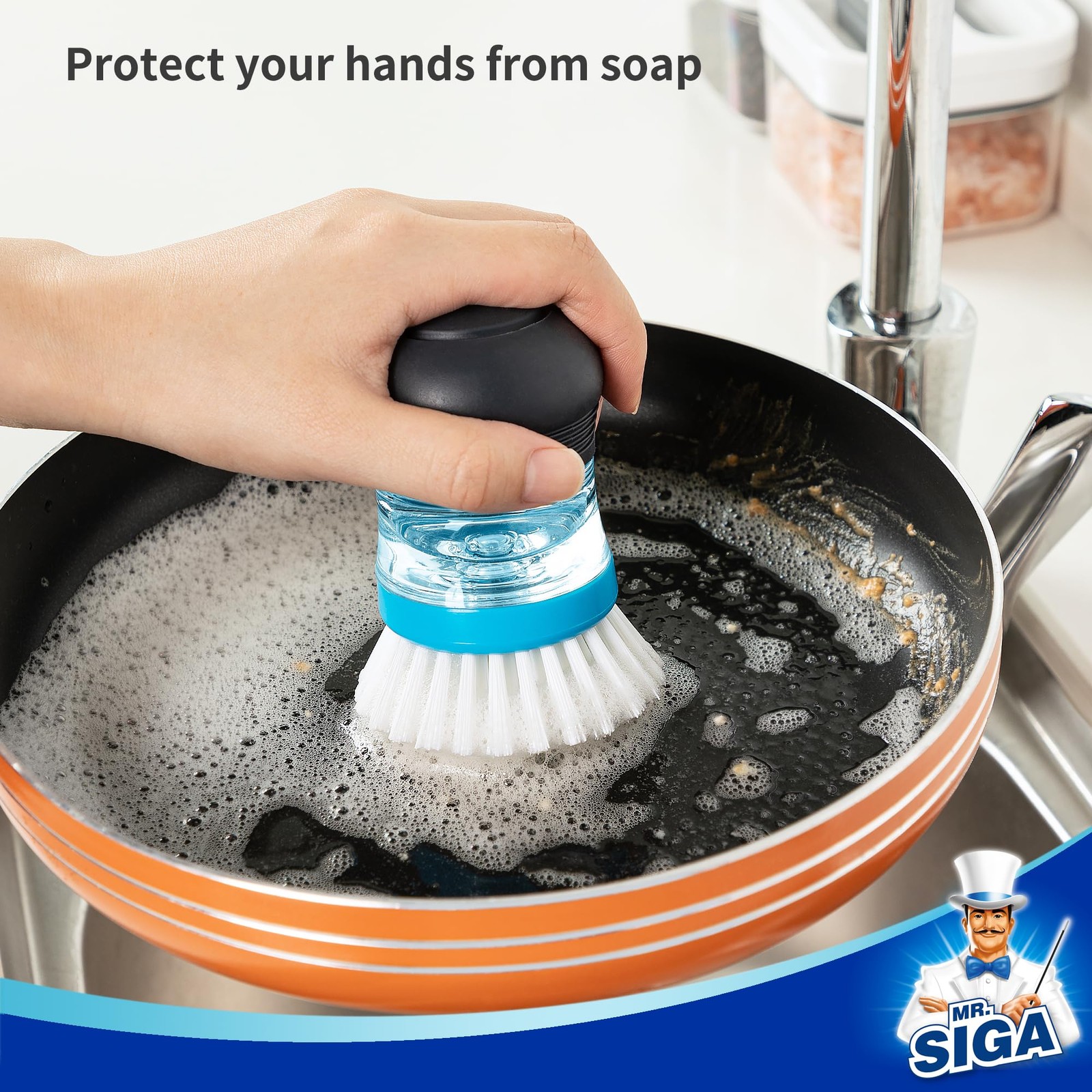 MR.SIGA Soap Dispensing Palm Brush, Kitchen Brush for Dish Pot Pan Sink Clean…