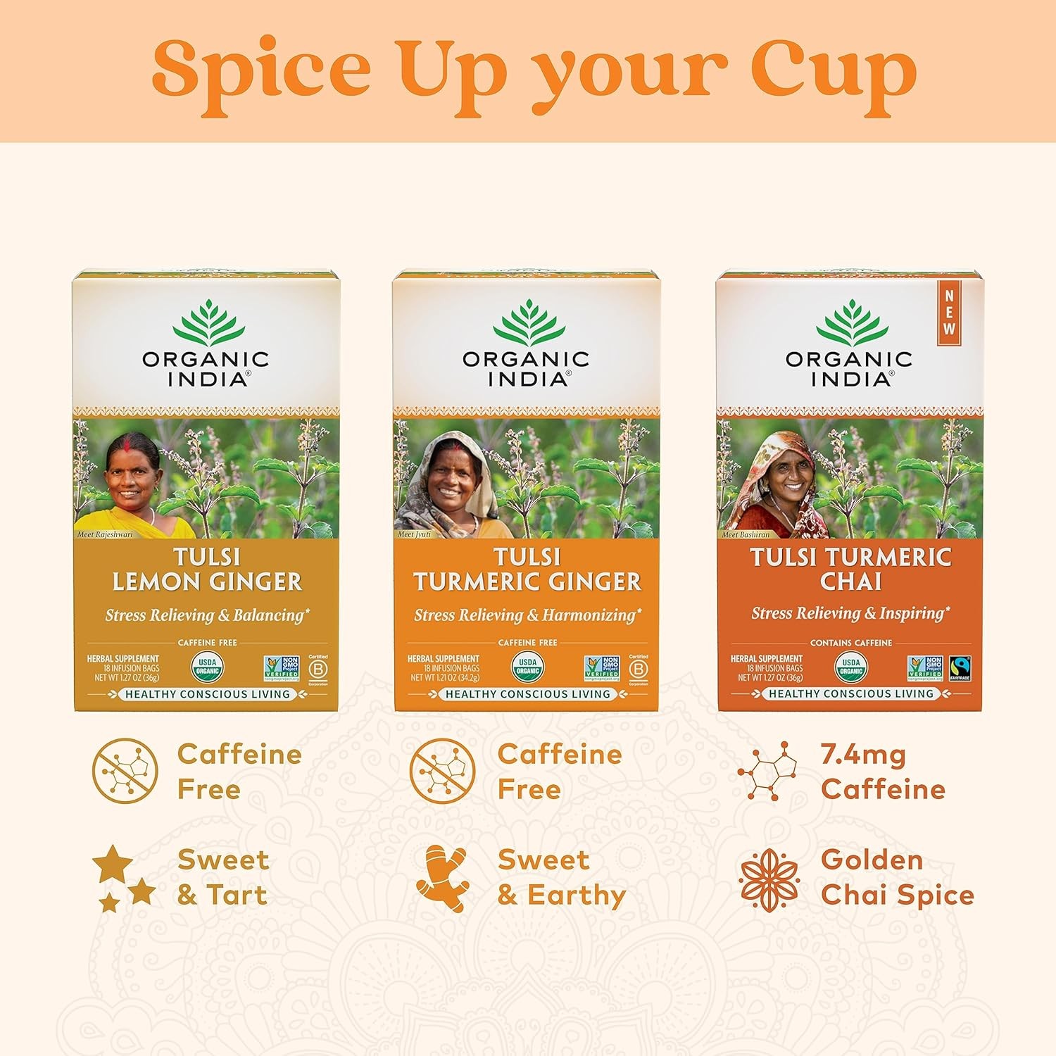 ORGANIC INDIA Tulsi Turmeric Ginger Herbal Tea – Stress Relieving & Harmonizin