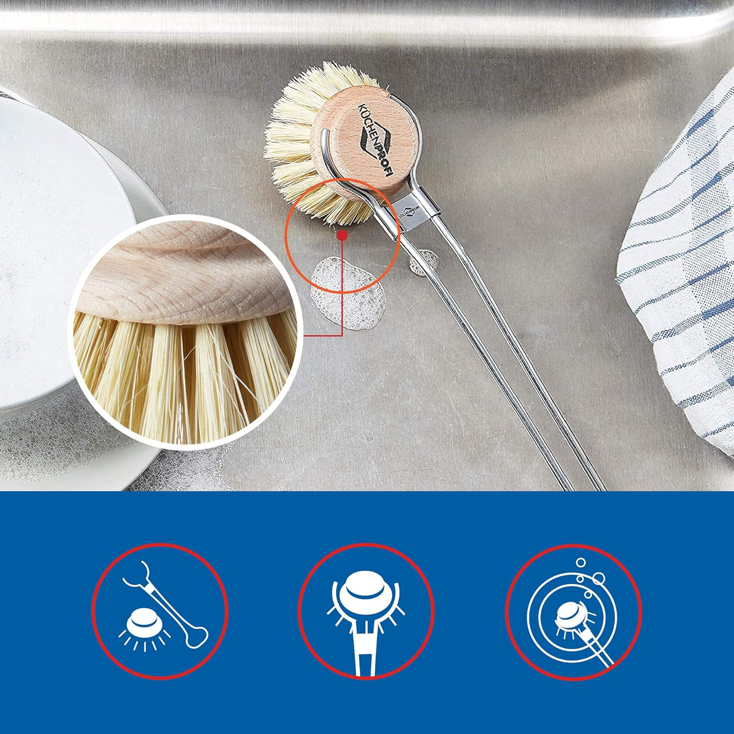 Kuchenprofi 2 Pack Replacement Dish Brush Refill Natural Bristle Beech Wood Head
